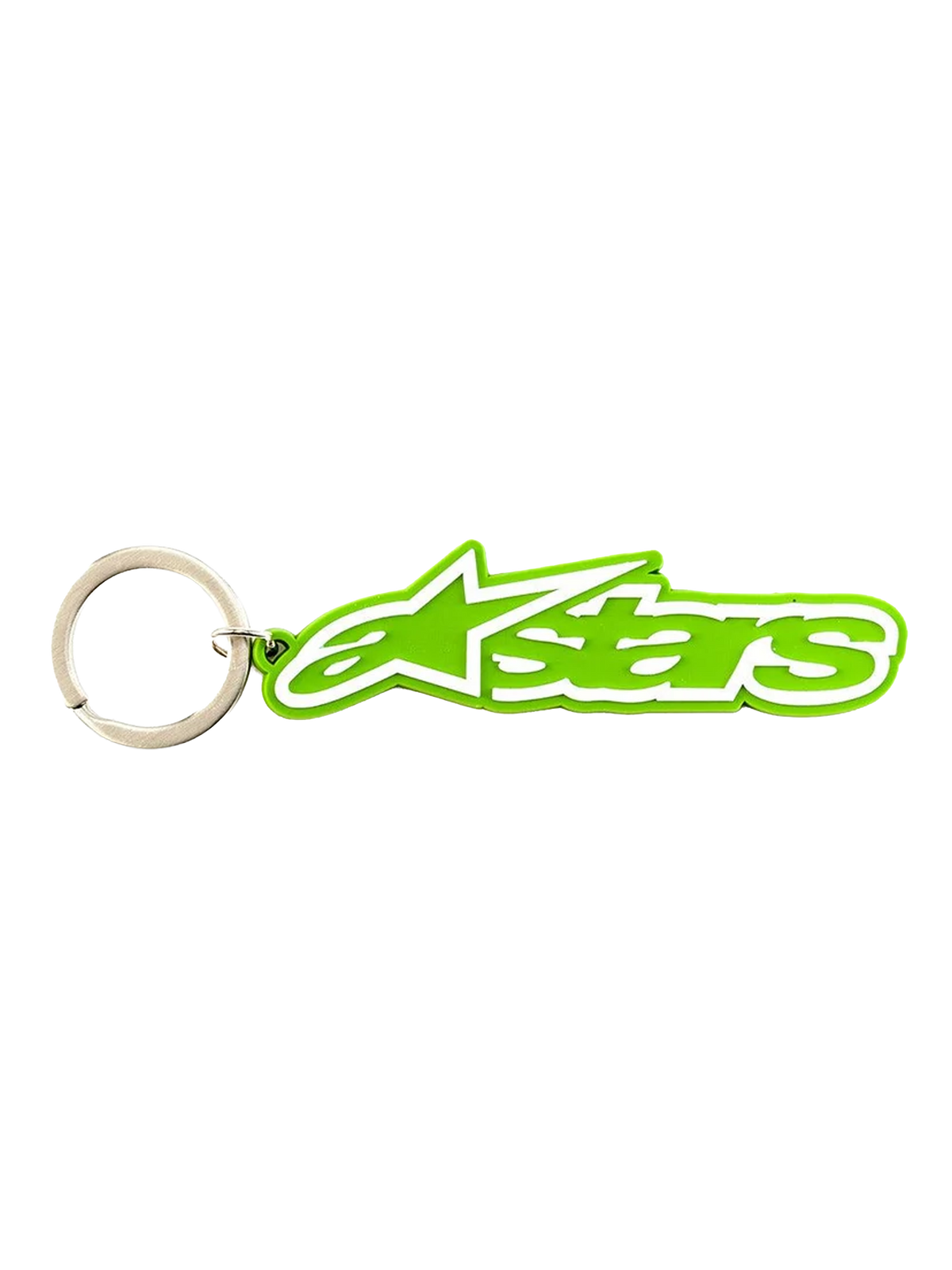 Alpinestars Blaze Key Fob, motorcycle lifestyle accessory, green and white 3D rubber keychain with metal snap ring