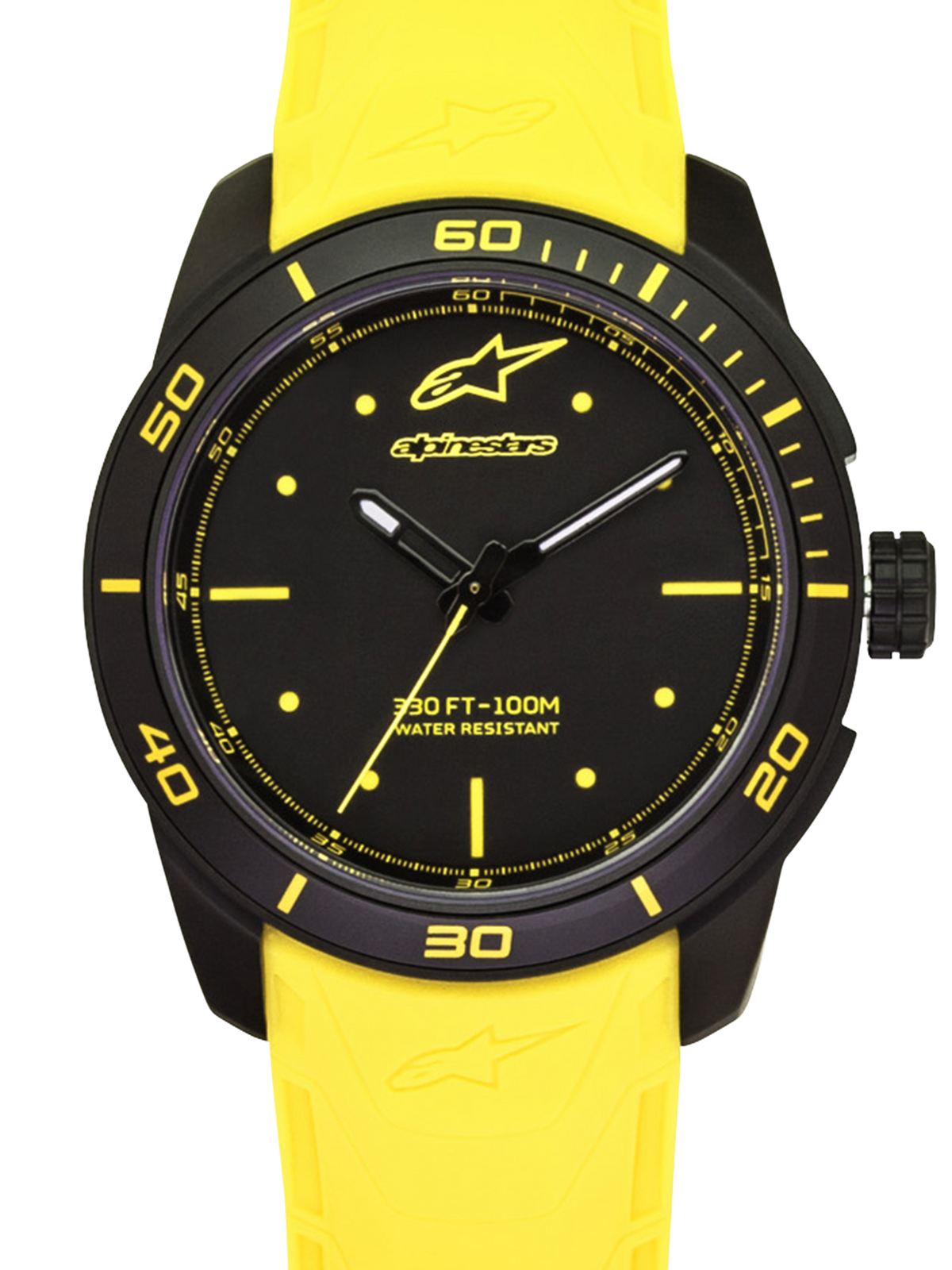 Alpinestars Tech Watch 3H, motorsport timepiece and lifestyle watch, Black and Yellow, close-up dial view showing matte black case, yellow accents, and water resistant construction