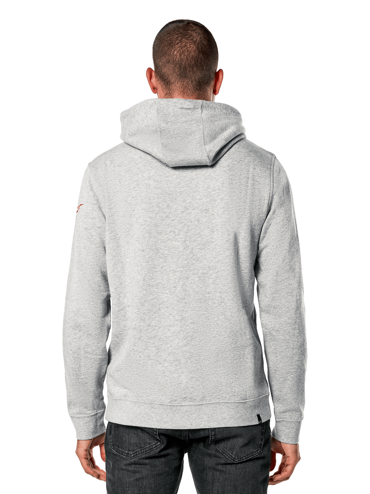 Alpinestars Linear Wordmark V3 Hoodie, back view, light gray heather pullover fleece, featuring a hood and small red Ageless logo on the sleeve, casual motorsport-inspired streetwear