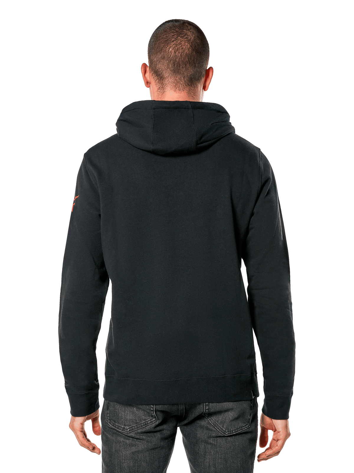 Alpinestars Linear Wordmark V3 Hoodie, casual streetwear, black hooded pullover shown from the back, red sleeve logo, ribbed cuffs and hem, modern motorsport-inspired design