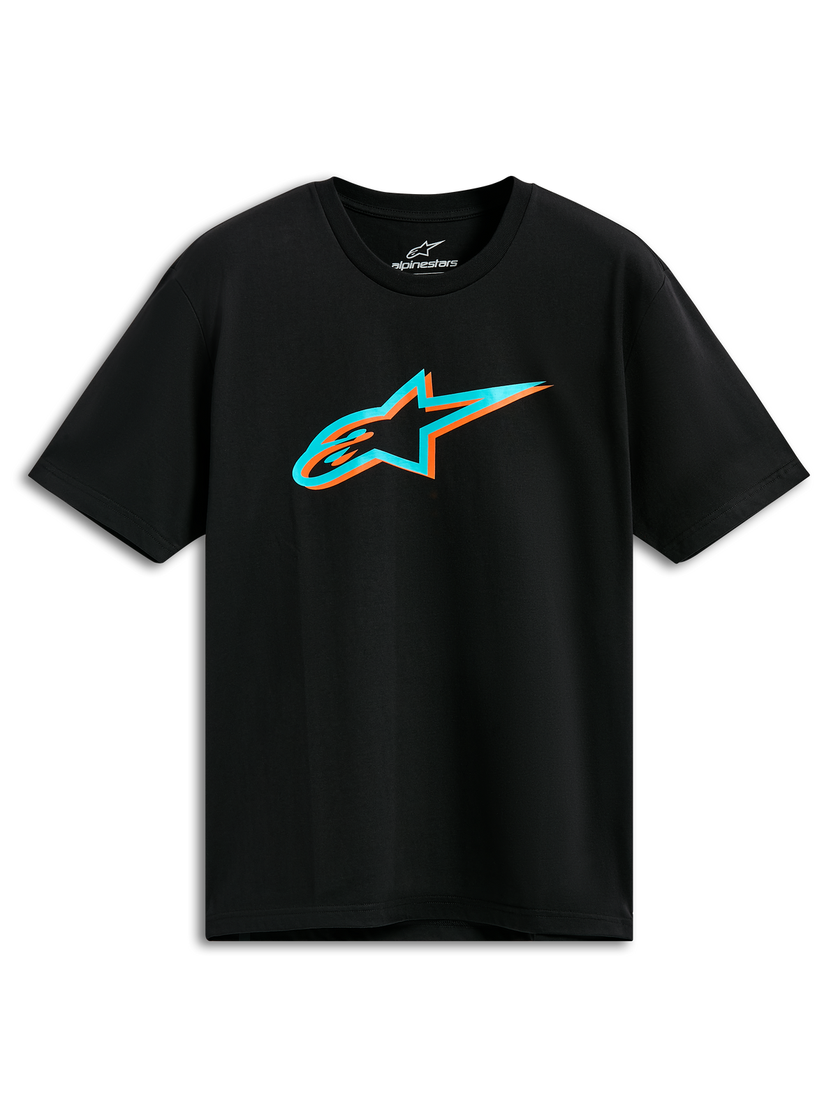 Alpinestars Ageless Shadow CSF Tee, Short Sleeve T-Shirt, Black, Turquoise and Orange Shadow Astars Logo, Casual Motorsport Streetwear