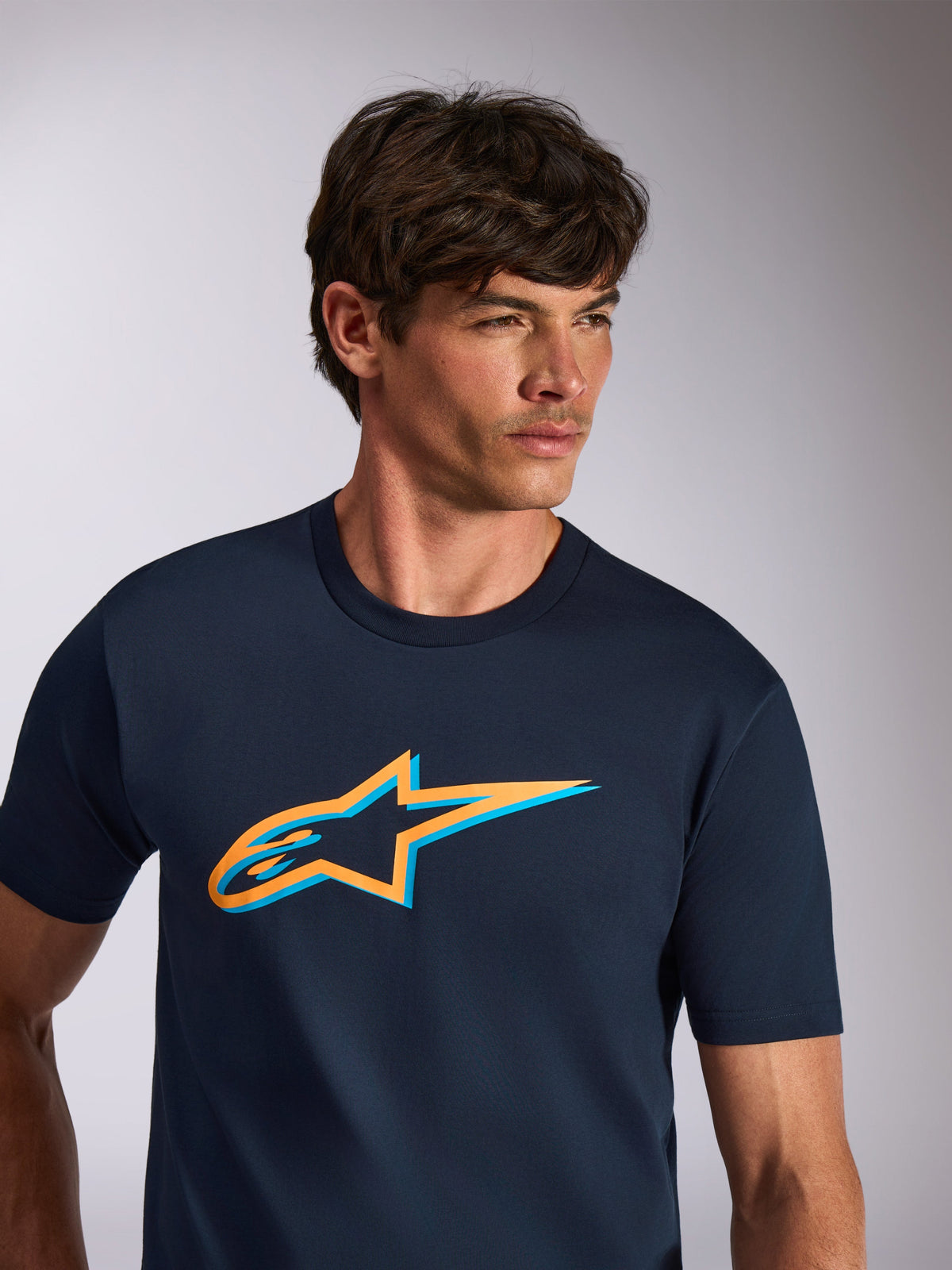 Alpinestars Ageless Shadow CSF Tee, Short Sleeve T-Shirt, Navy Blue with Orange and Light Blue Astars Logo, Casual Motorsport Streetwear