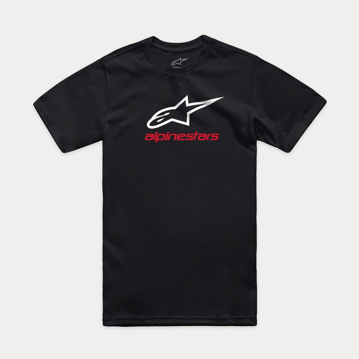 Alpinestars Always 2.0 CSF Tee, Short Sleeve T-Shirt, Black, White Star Logo with Red Alpinestars Text, Casual Motorsport Streetwear