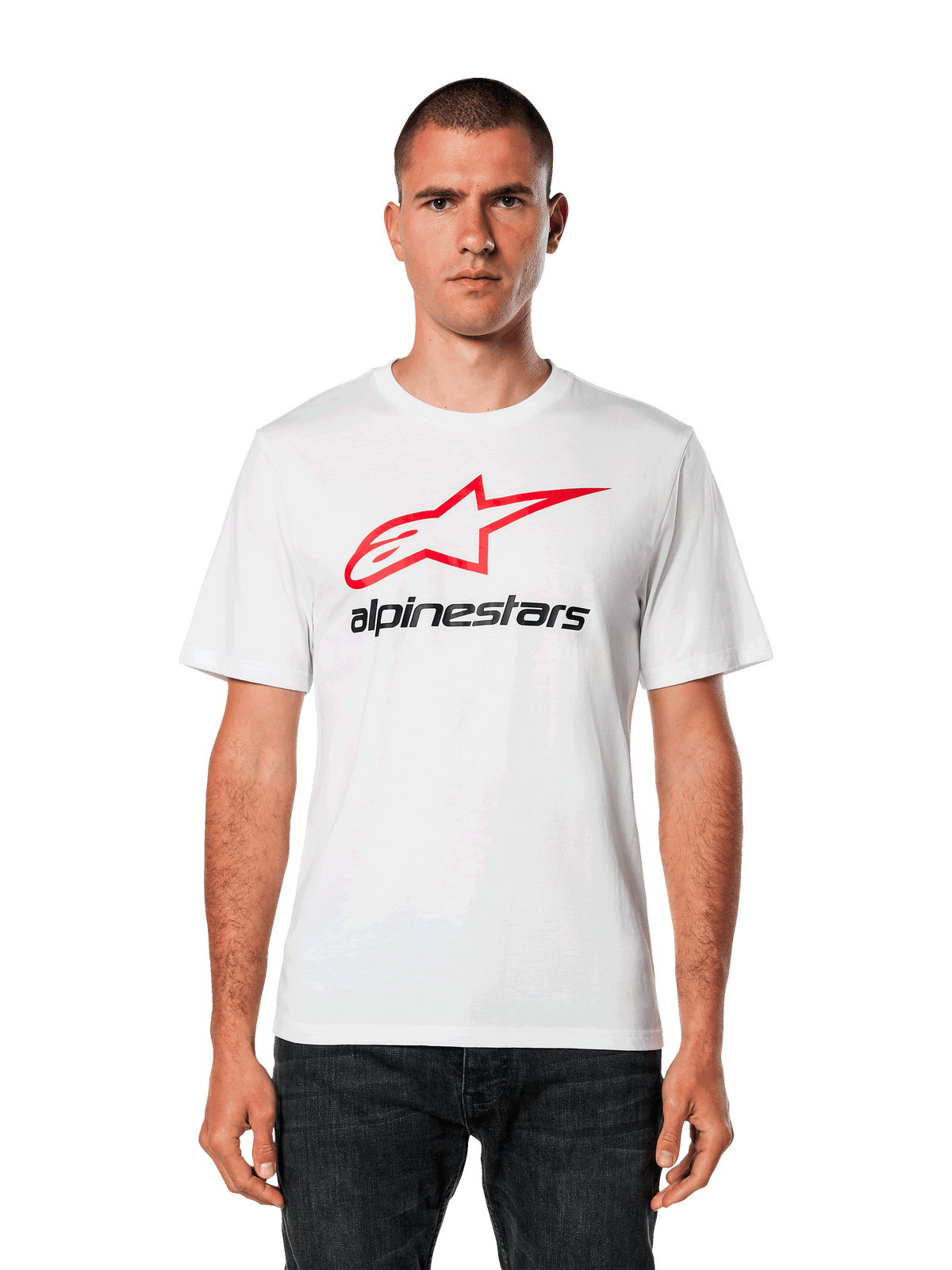 Alpinestars Always 2.0 CSF Tee, White Short-Sleeve T-Shirt, featuring a Red Star Logo and Black Alpinestars Text, Men's Casual Sportswear, worn by model