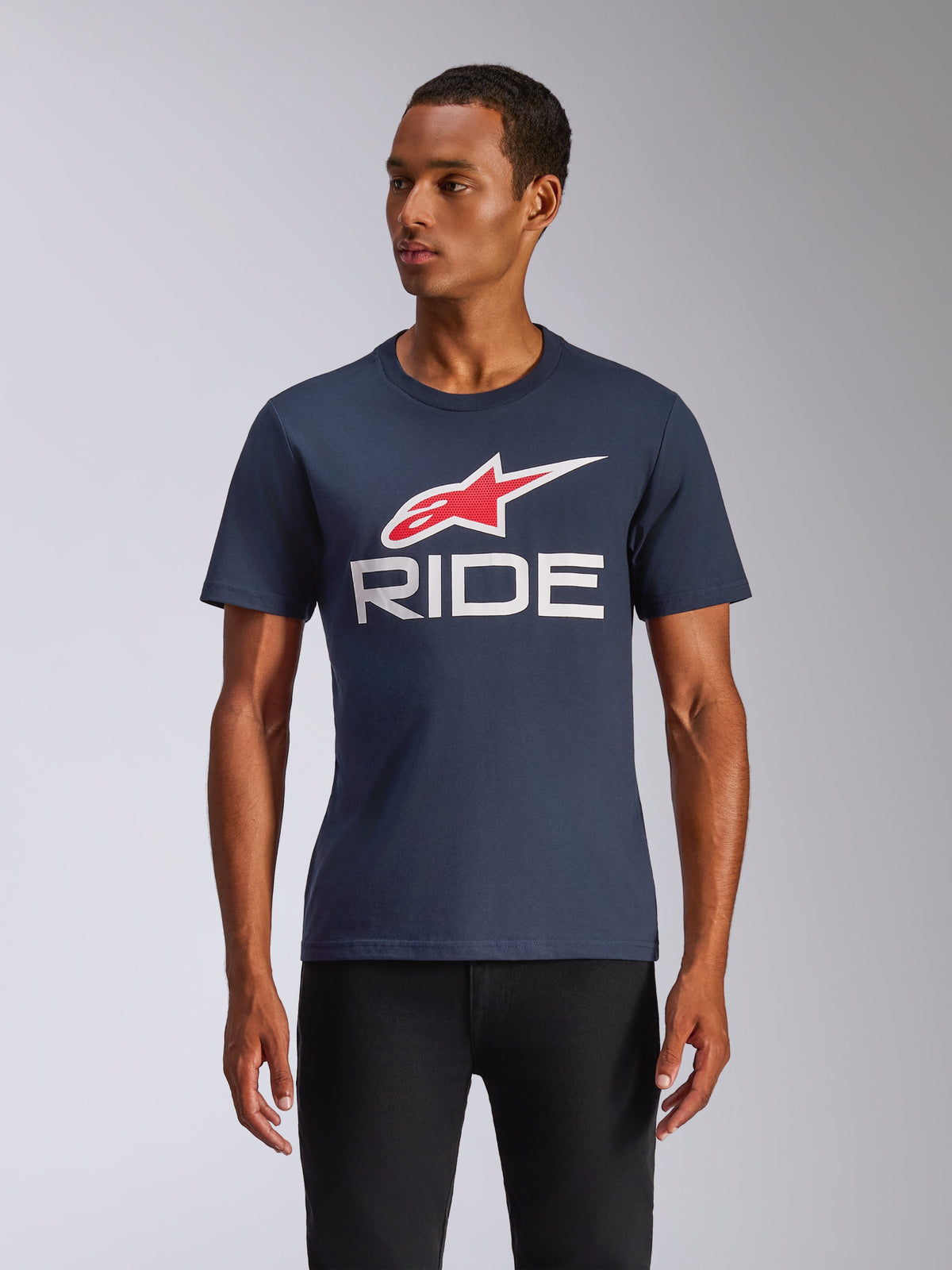Alpinestars Ride 4.0 CSF Tee, Short Sleeve T-Shirt, Navy Blue, Red and White Alpinestars Logo with White RIDE Text, Casual Motorsport Streetwear