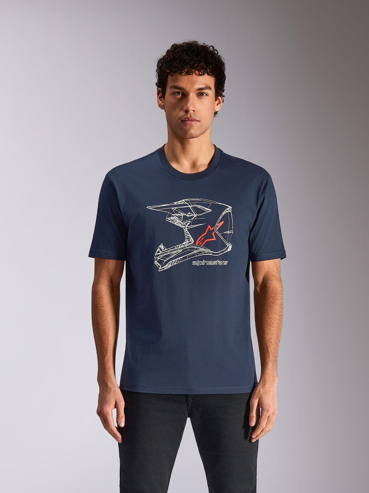 Alpinestars MX Helmet CSF Tee, Short Sleeve T-Shirt, Navy Blue, featuring a white wireframe motocross helmet graphic with a red star logo, casual motorsport-inspired streetwear
