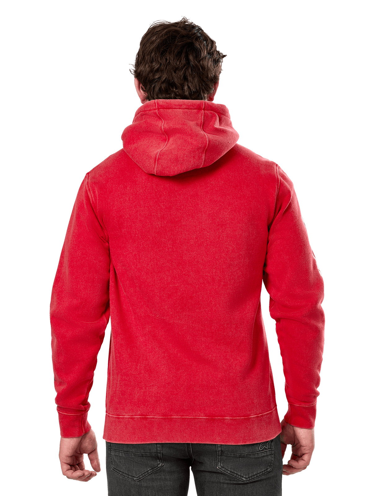 Alpinestars Unbound Hoodie, back view of red garment-dyed fleece pullover, casual streetwear, featuring rib cuffs and hem, self-lined hood, worn with dark pants