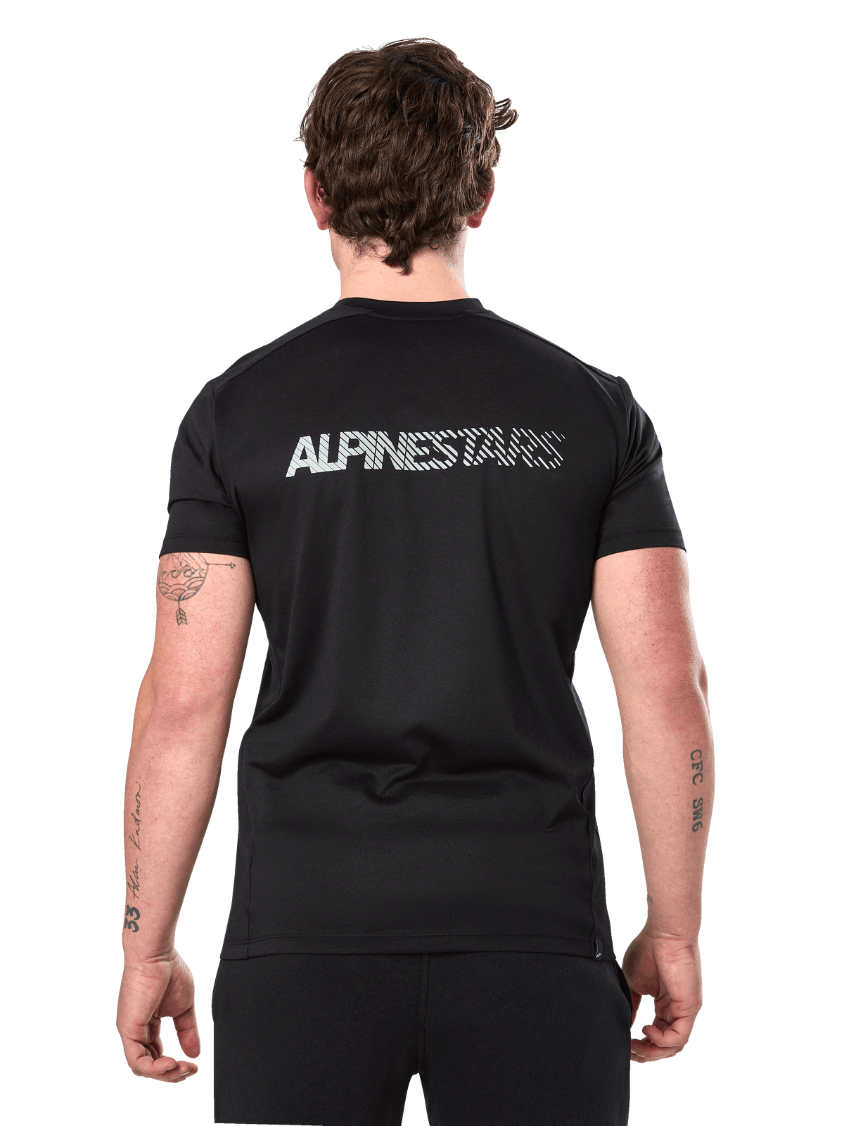 Alpinestars Exemption Performance Tee, Short Sleeve Performance T-Shirt, Black, back view showing reflective Alpinestars logo across the shoulders, athletic fit, sustainable performance sportswear