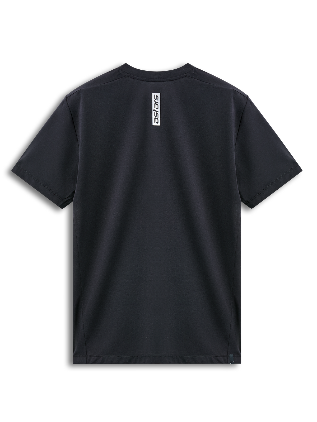 Alpinestars Point Performance Tee, Short Sleeve T-Shirt, Black, Back View showing vertical white Astars logo print at the neck, moisture-wicking performance sportswear