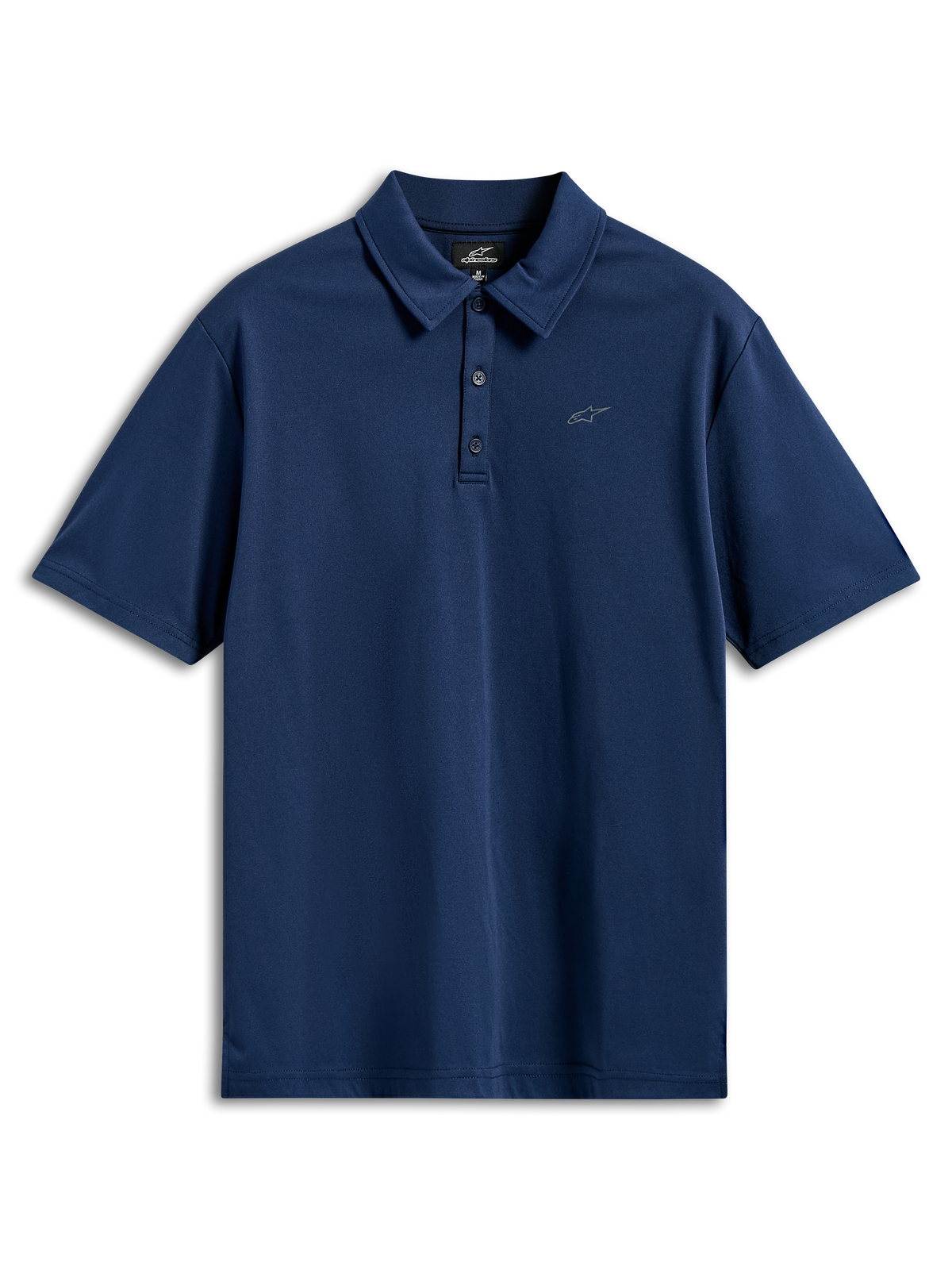 Alpinestars Impetus Sport Polo, Short Sleeve Polo Shirt, Navy Blue, mock mesh fabric with three-button placket and small gray Astars logo on the chest, casual motorsport sportswear