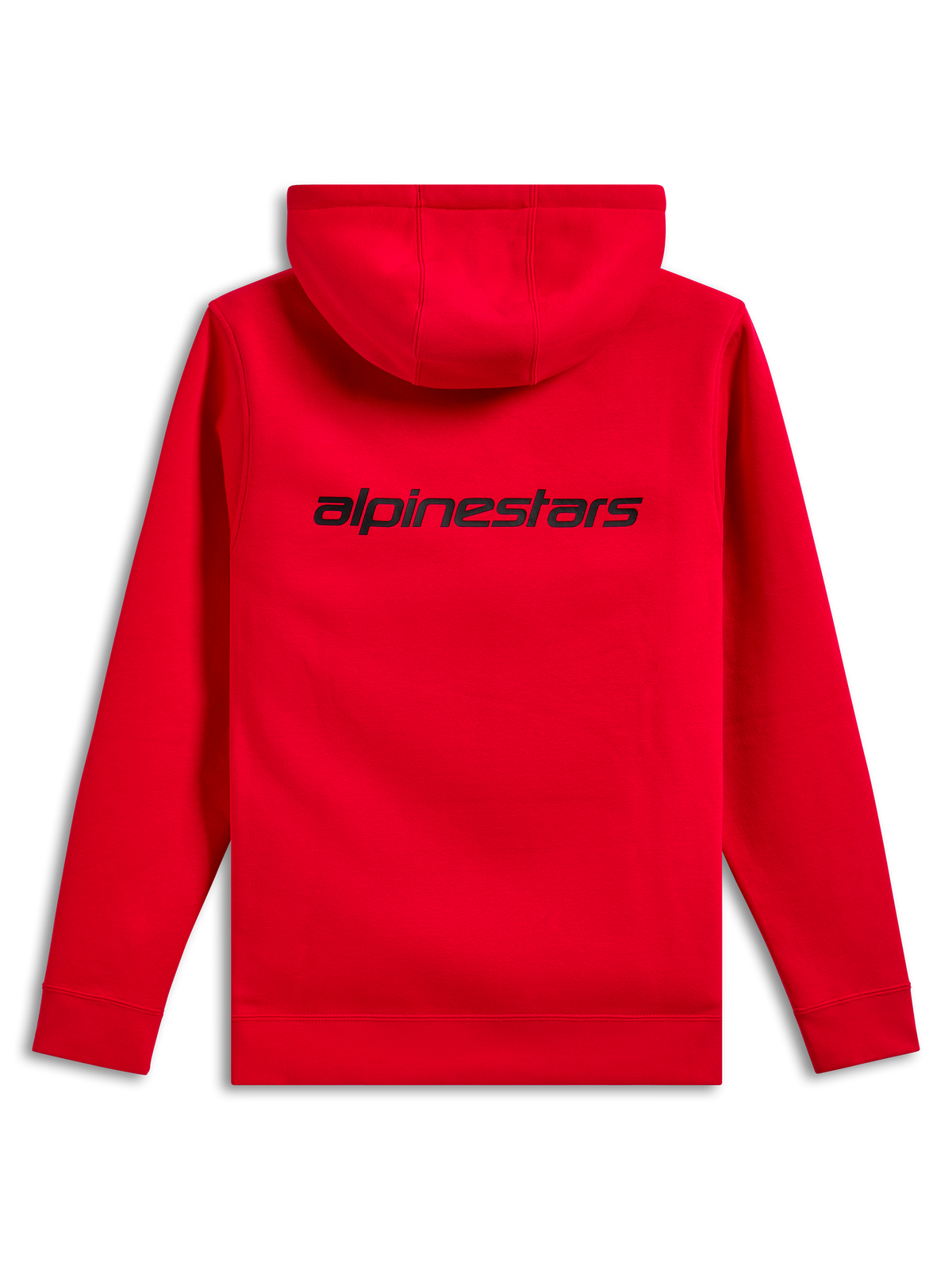 Alpinestars Transverse Hoodie, back view, Red, featuring a black Alpinestars wordmark logo on the upper back, casual hooded sweatshirt with ribbed cuffs and hem.
