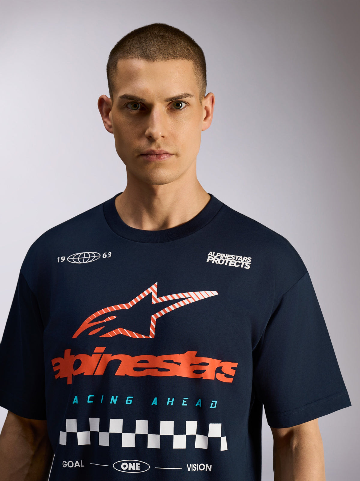 Alpinestars Aplomb Oversized CSF Tee, Short Sleeve T-Shirt, Navy, large chest graphic with red logo and white checkered pattern, casual motorsport streetwear