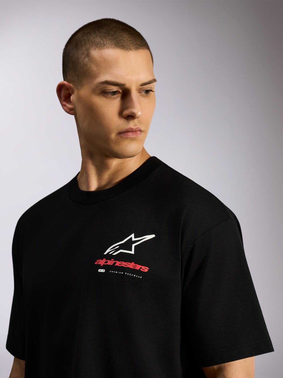 Alpinestars Overhang Oversized CSF Tee, Short Sleeve T-Shirt, Black, front chest graphic with white Astars logo and red text, casual motorsport-inspired streetwear