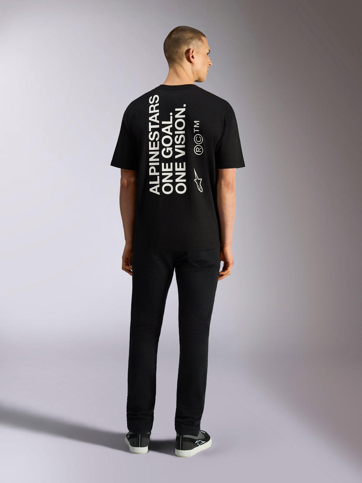 Alpinestars One Oversized CSF Tee, Short Sleeve T-Shirt, Black, Vertical 'ALPINESTARS ONE GOAL. ONE VISION.' back print with Astars logo, casual lifestyle streetwear