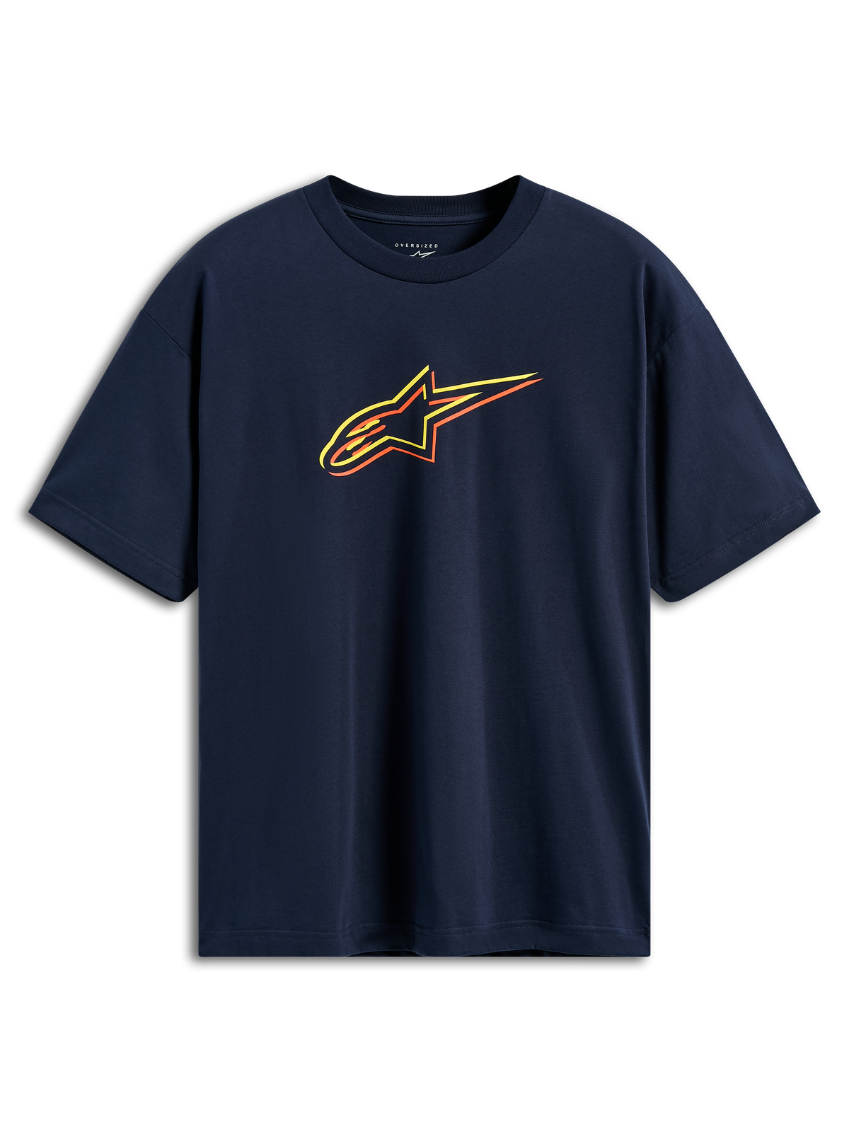 Alpinestars Alter Oversized CSF Tee, Short Sleeve T-Shirt, Navy Blue, Astars Logo with yellow, orange, and red color-offset outlines, casual motorsport streetwear