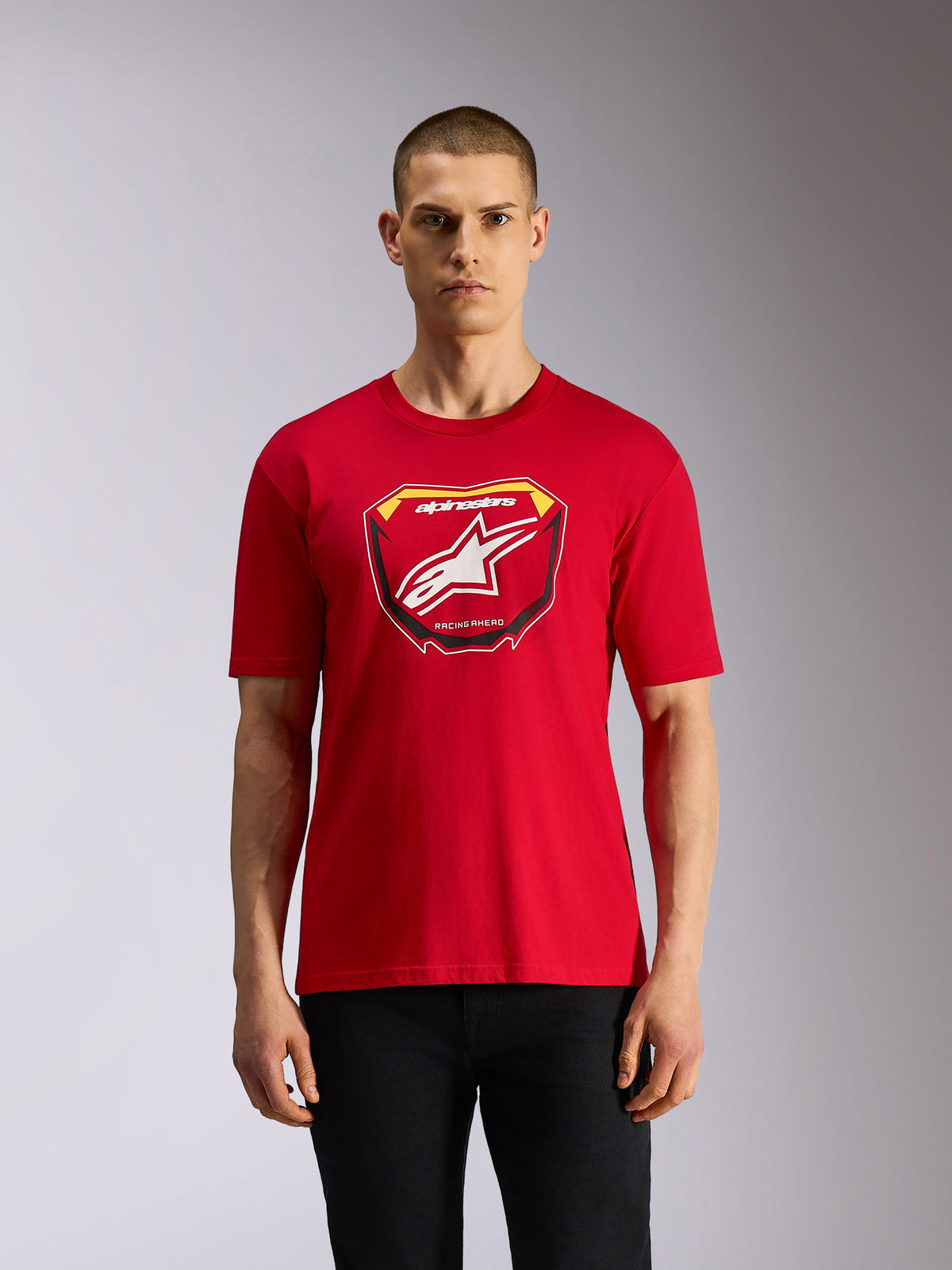 Alpinestars Plate CSF Tee, Short Sleeve T-Shirt, Red, Front Astars MX plate graphic with white star logo and "Racing Ahead" text, Casual Motorsport Streetwear