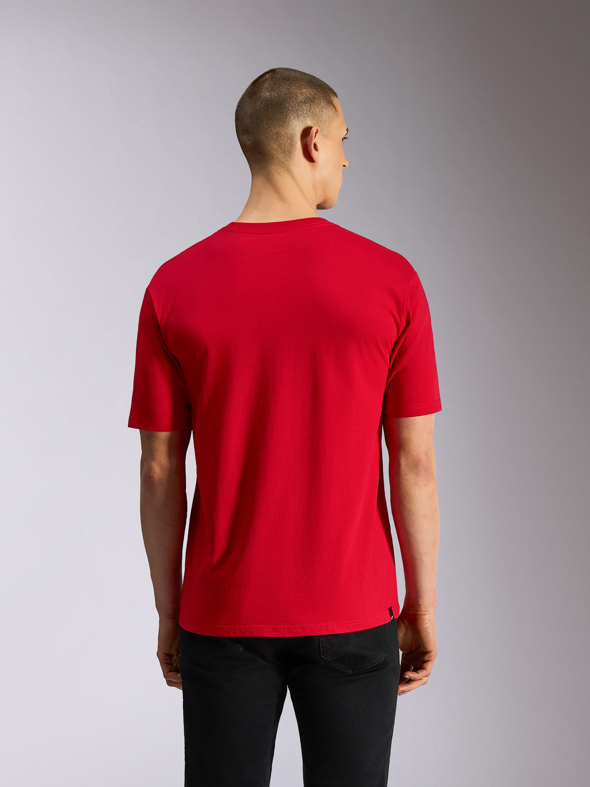 Alpinestars Plate CSF Tee, Short Sleeve T-Shirt, Red, back view showing plain red fabric and casual fit, worn with black pants, motorsport-inspired streetwear