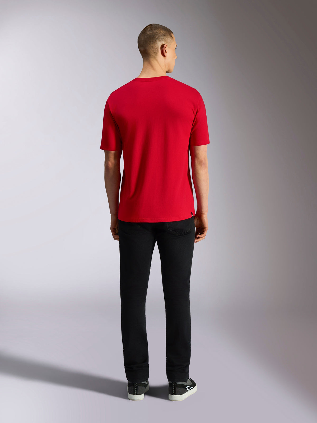 Alpinestars Plate CSF Tee, Short Sleeve T-Shirt, Red, Back view worn by model with black pants, casual motorsport-inspired sportswear