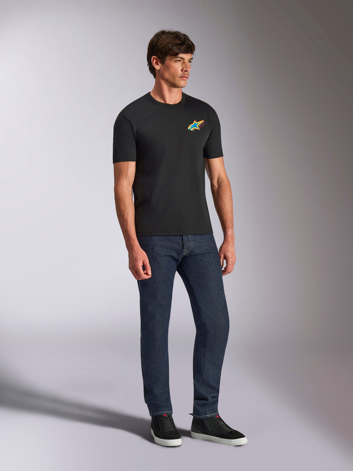 Alpinestars Angler CSF Tee, Short Sleeve T-Shirt, Black, Vibrant Multi-Color Astars Logo on Chest, Casual Motorsport Streetwear
