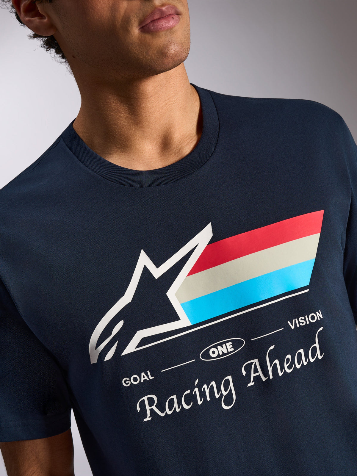 Alpinestars Trifecta CSF Tee, Short Sleeve T-Shirt, Navy Blue, White Astars Logo with Tri-Color Stripes and Racing Ahead Text, Casual Motorsport Sportswear