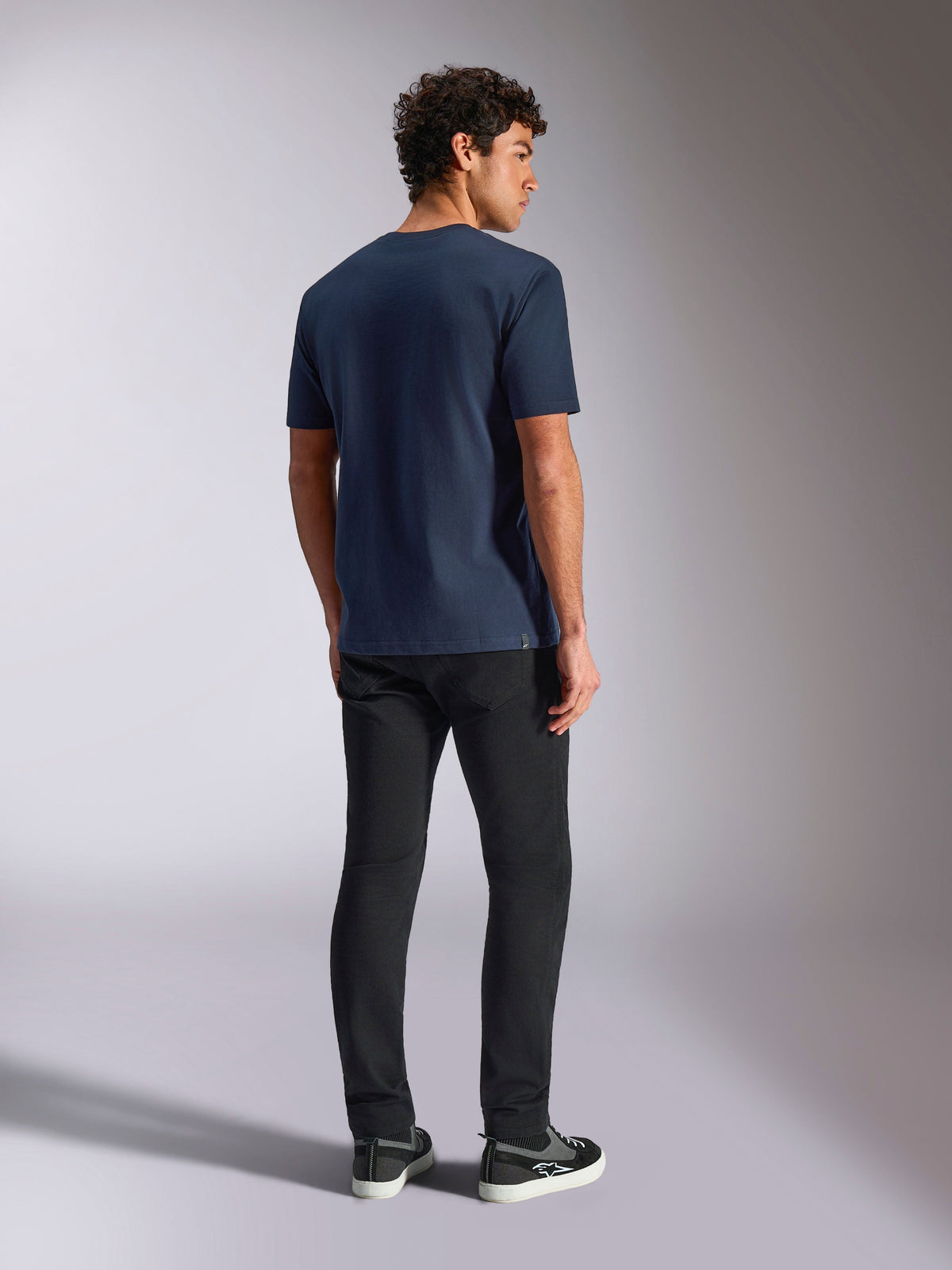 Alpinestars Trifecta CSF Tee, Short Sleeve T-Shirt, Navy Blue, back view, casual sportswear, worn with black pants and black sneakers