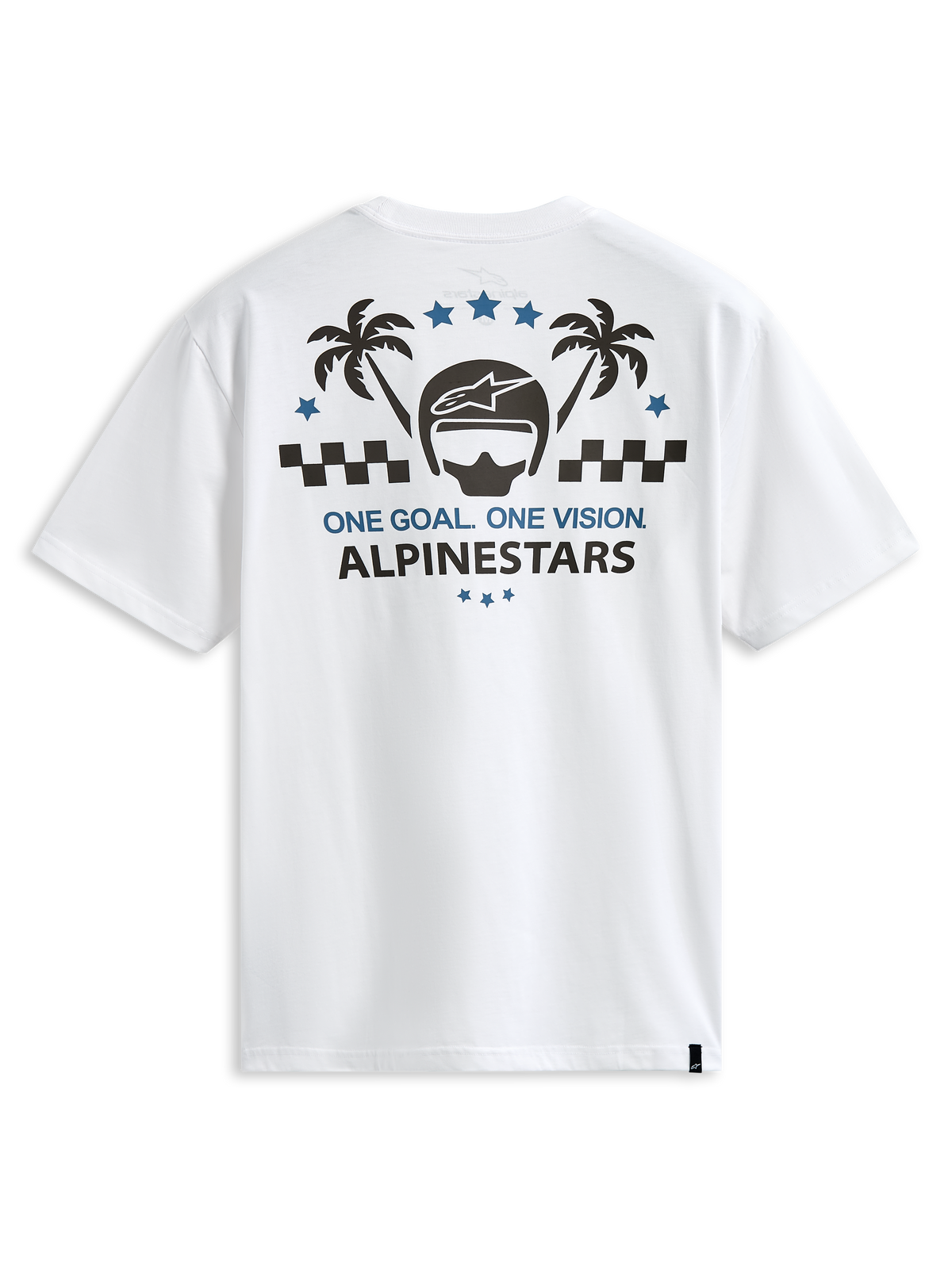 Alpinestars Order CSF Tee, Short Sleeve T-Shirt, White, Back Graphic with Helmet and Palm Trees, One Goal One Vision Text, Casual Motorsport Streetwear