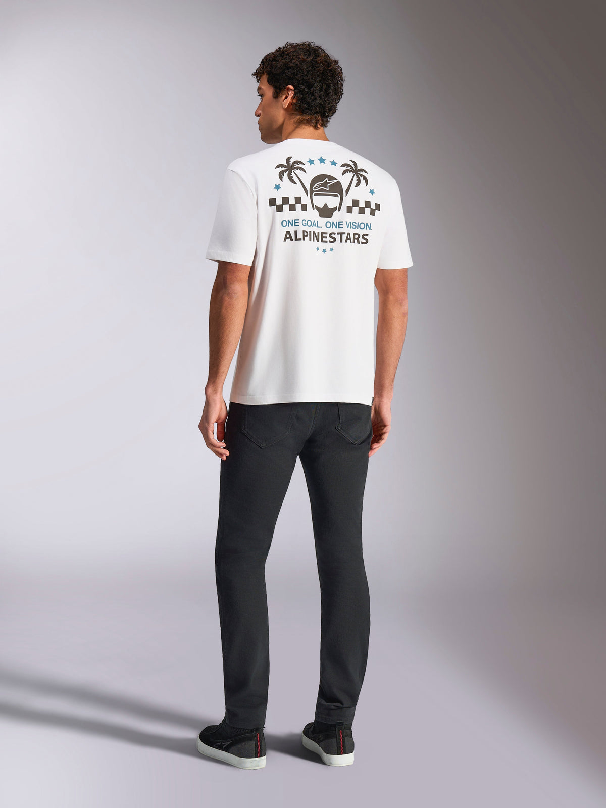 Alpinestars Order CSF Tee, Short Sleeve T-Shirt, White, Rear view featuring palm trees and helmet graphic, 'One Goal One Vision' slogan, casual motorsport streetwear
