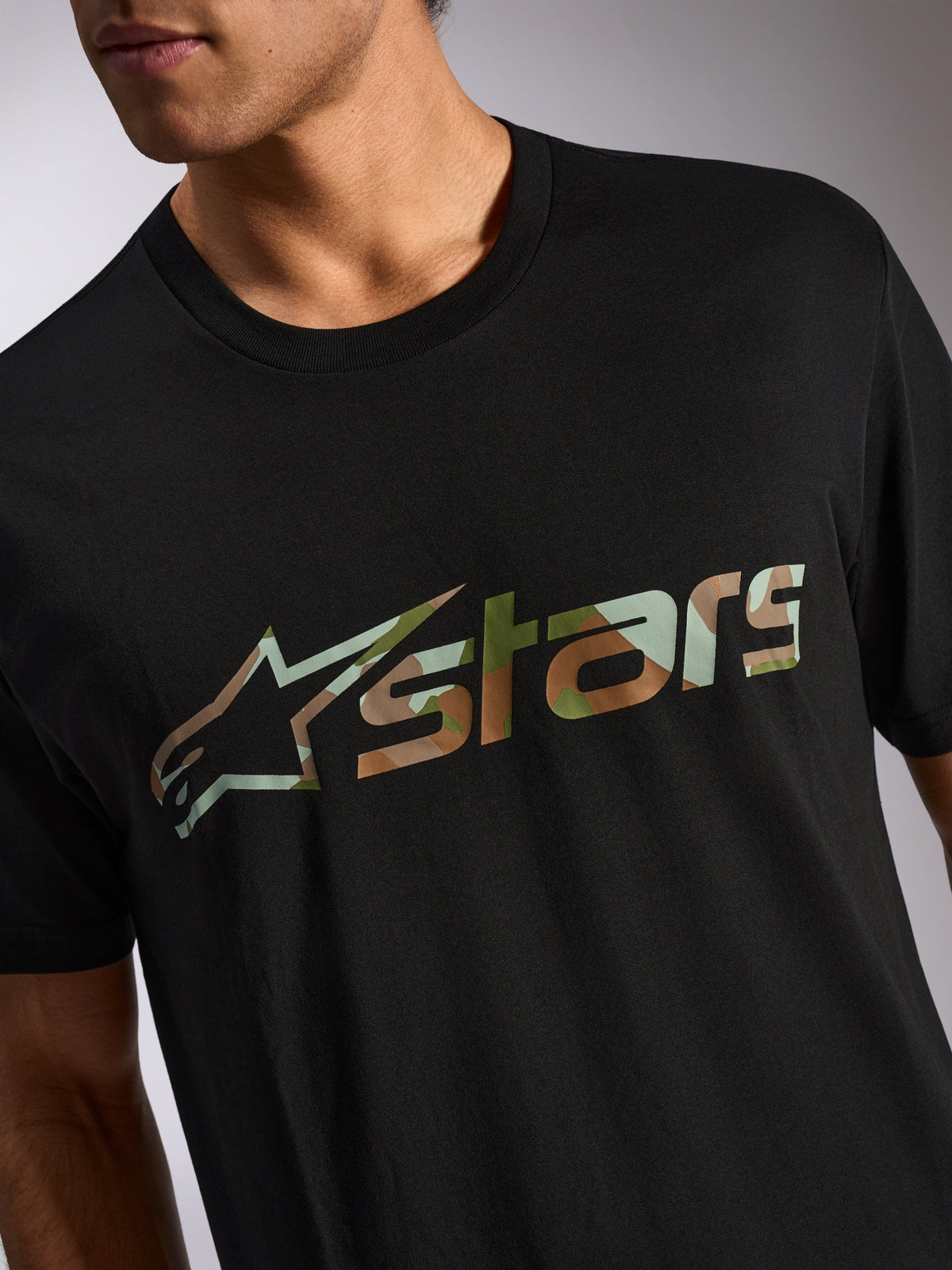 Alpinestars Verdure Camo CSF Tee, Short Sleeve T-Shirt, Black, Camo Fill Astars Logo on Chest, Casual Motorsport Streetwear