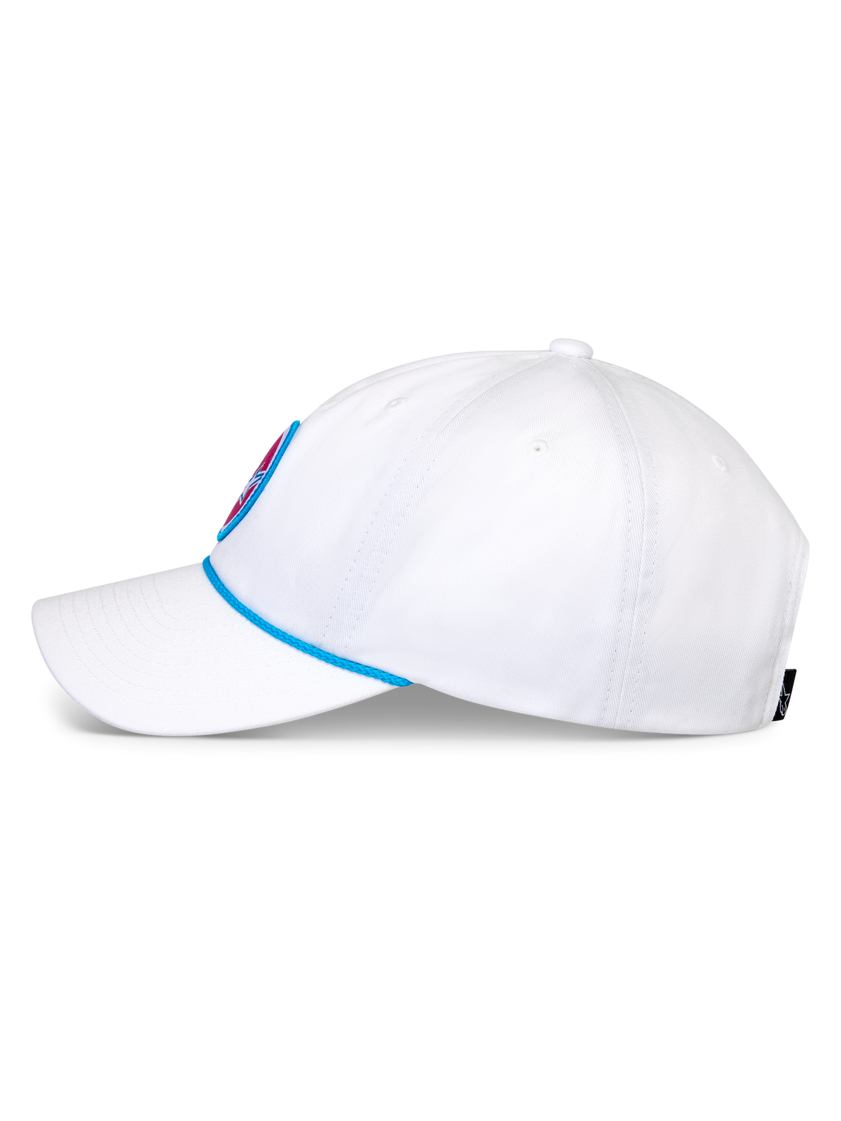 Alpinestars Calipalm Strapback Hat, White Baseball Cap, side view featuring a curved bill and blue rope detail, unstructured low crown in white cotton twill, casual sportswear headwear