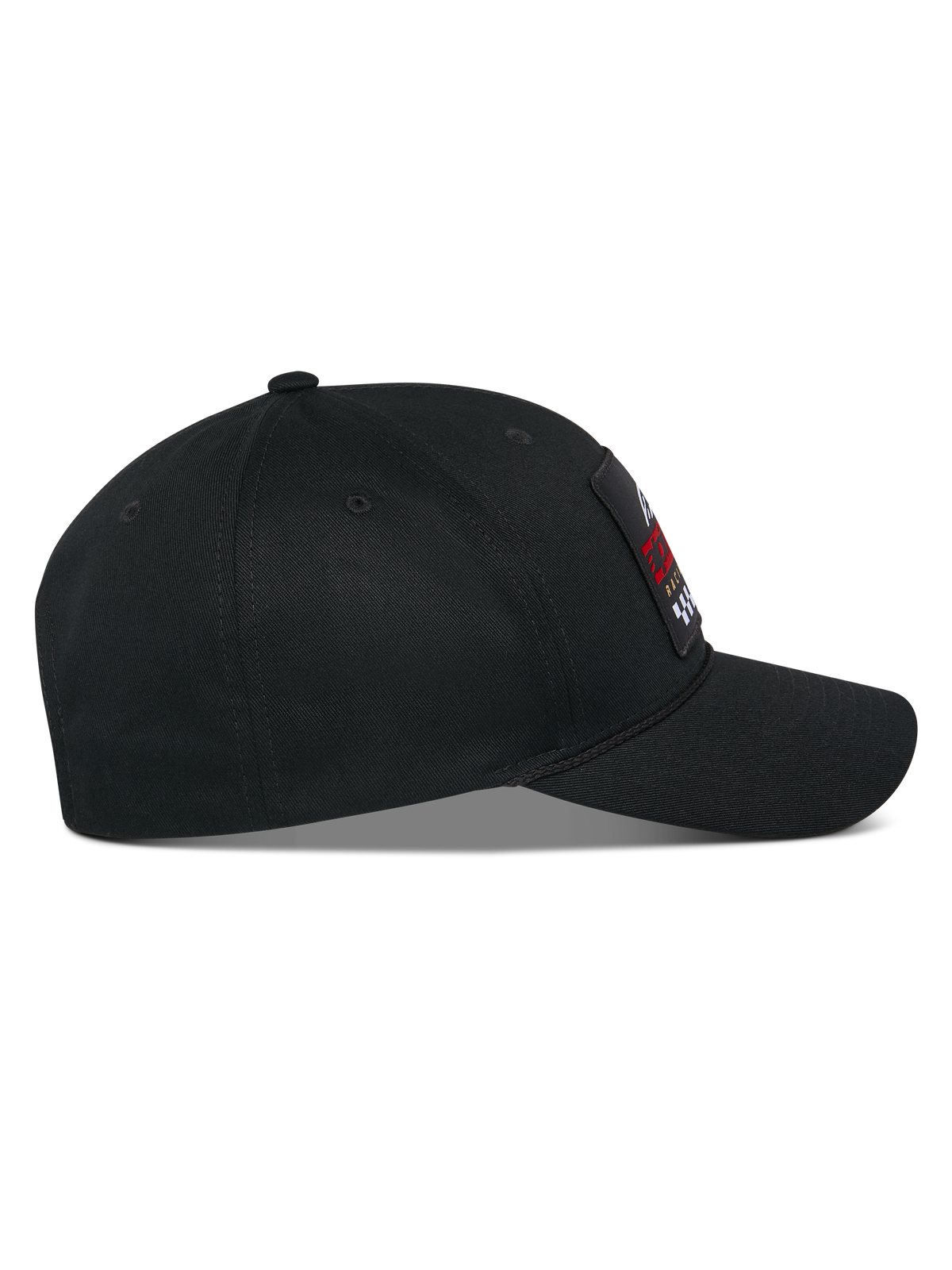 Alpinestars Matrix Snapback Hat, side profile, black cotton twill cap with a curved bill and structured crown, featuring a multicolor embroidered patch on the front, casual motorsport streetwear