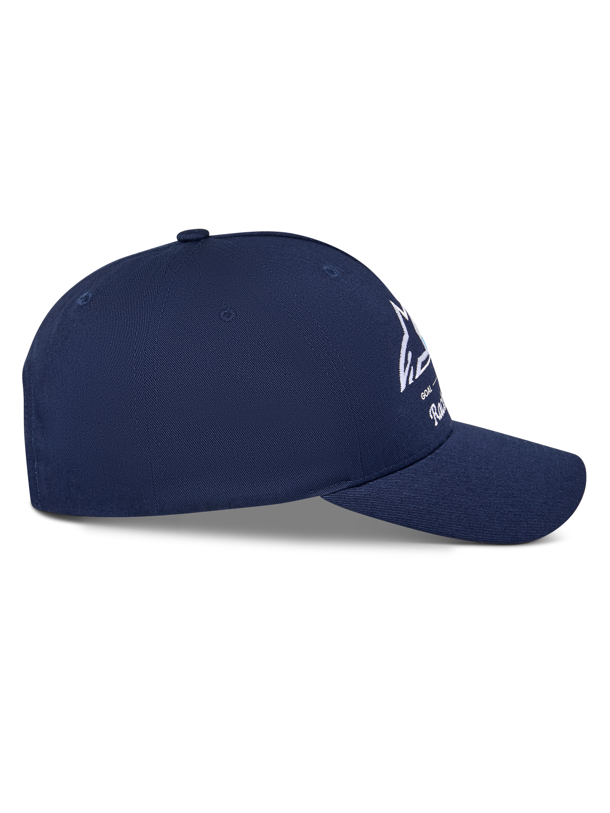 Alpinestars Trifecta Snapback Hat, Navy Blue Solid, side profile view showing curved bill and structured crown, white Astars logo with tri-color stripes, cotton twill fabric, casual motorsport streetwear