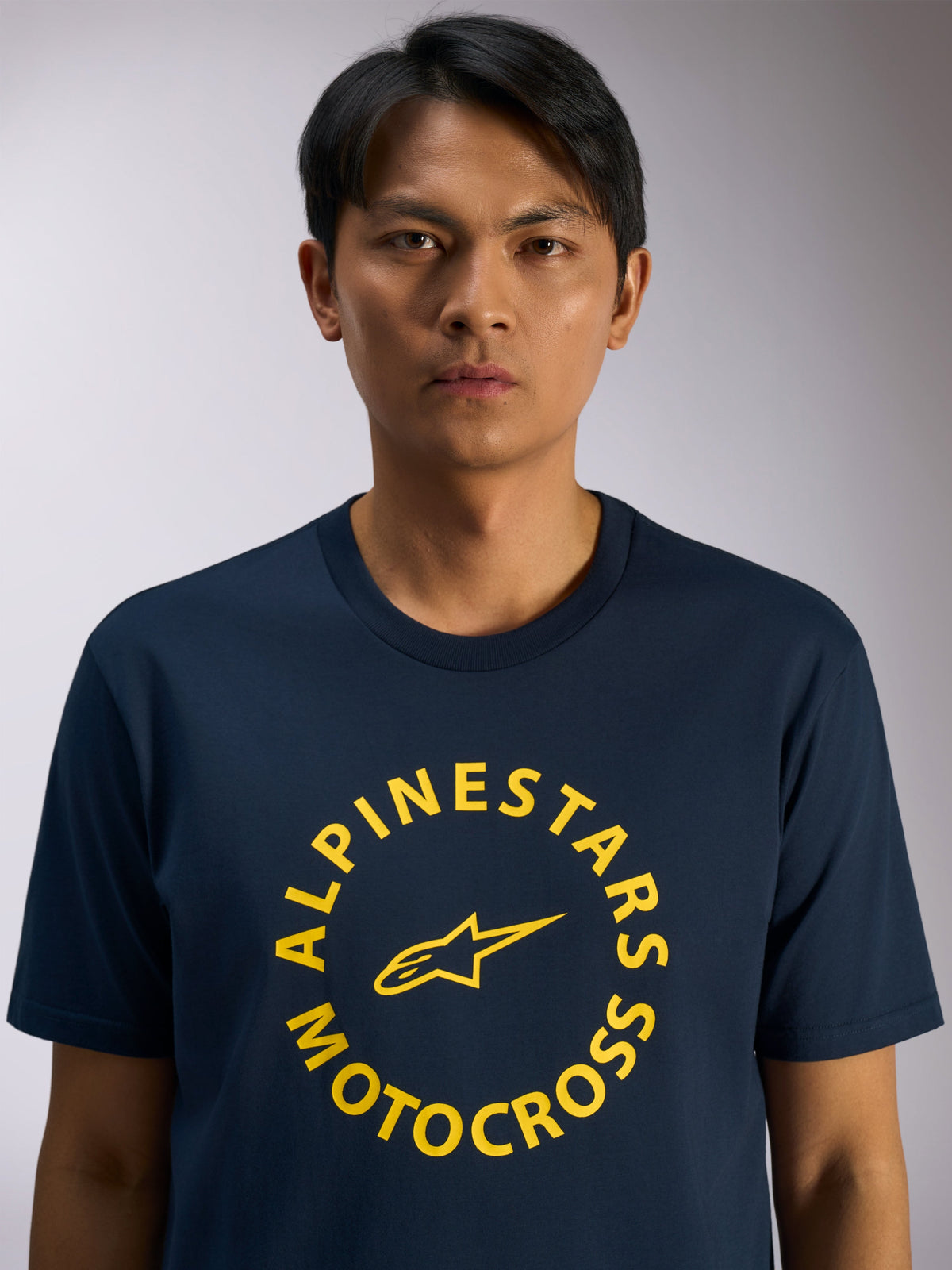 Alpinestars MX CSF Tee, Short Sleeve T-Shirt, Navy Blue, Yellow circular Alpinestars Motocross graphic with star logo, Casual Motorsport Streetwear