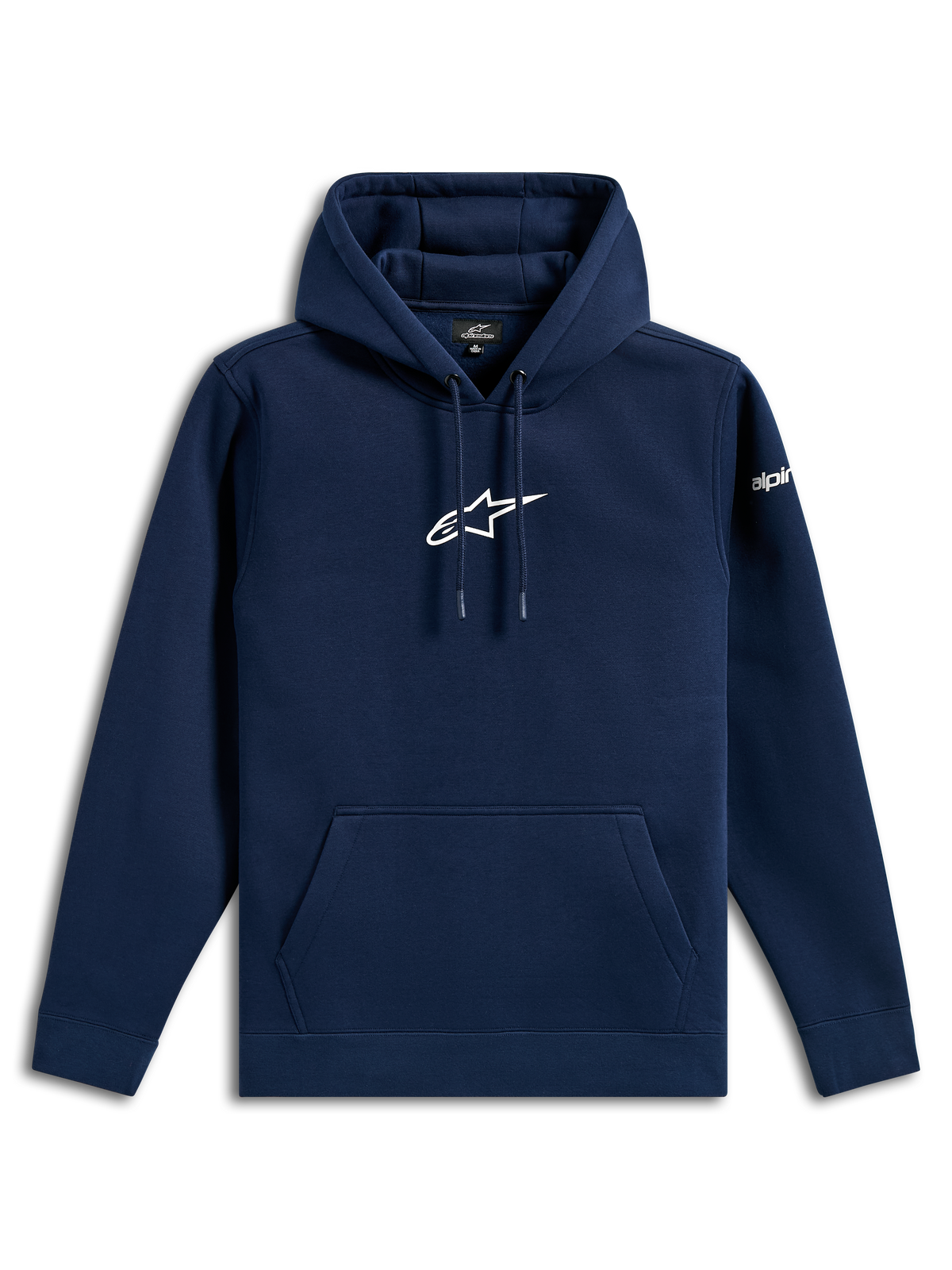 Alpinestars Frontal Hoodie, casual streetwear, navy blue with white Astars logo on chest and wordmark on sleeve, drawstring hood, kangaroo pocket, modern motorsport-inspired design