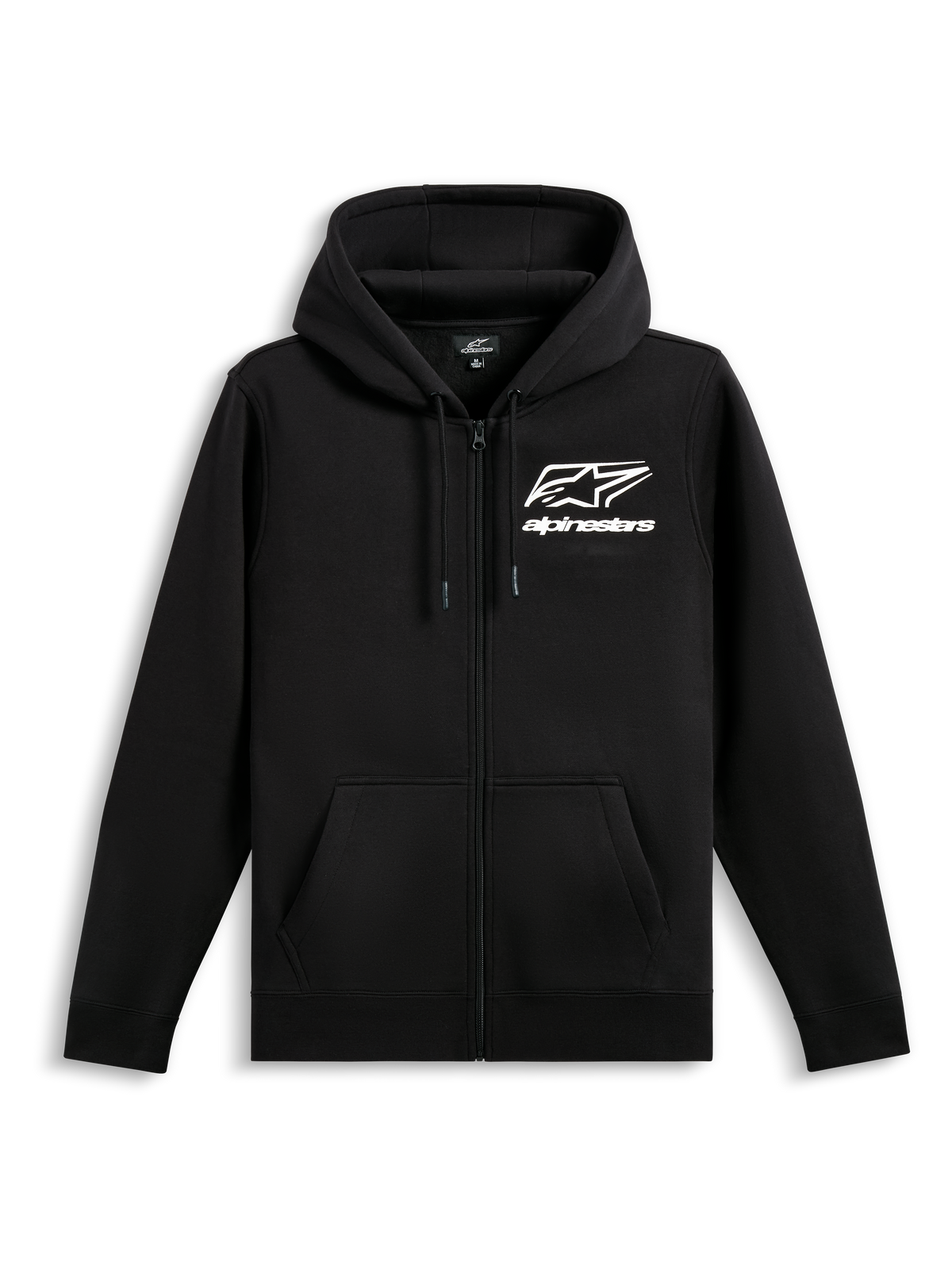 Alpinestars Formulation Hoodie, Zip-Front Poly Fleece Hoodie, Black, featuring white Alpinestars logo and wordmark on the chest, mesh-lined drawstring hood, ribbed cuffs and hem, casual motorsport streetwear