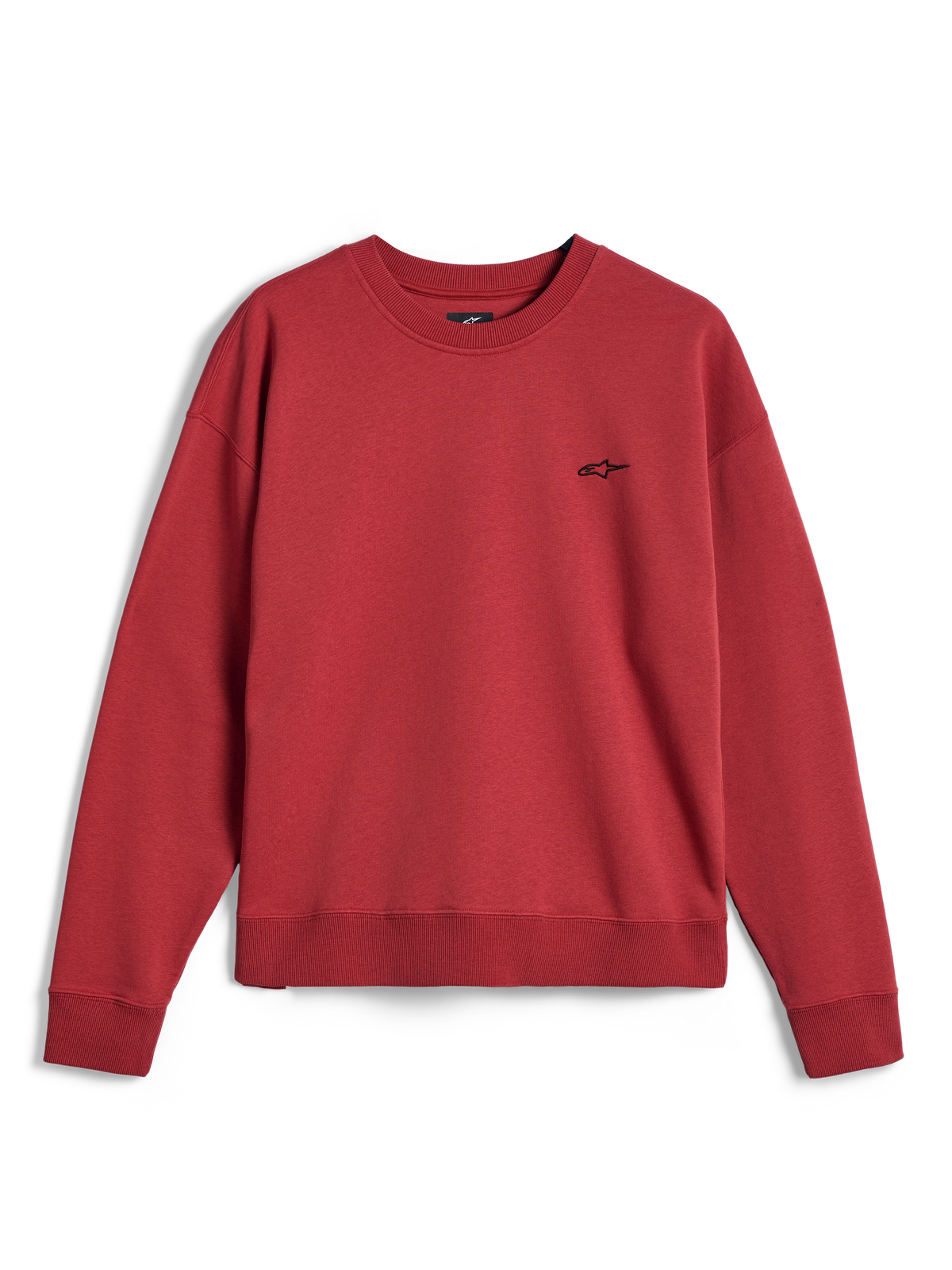 Alpinestars Essentials Ageless Crew, crewneck sweatshirt in Brick red, featuring a small black Alpinestars logo on the chest, ribbed collar, cuffs, and hem, casual premium sportswear fleece.