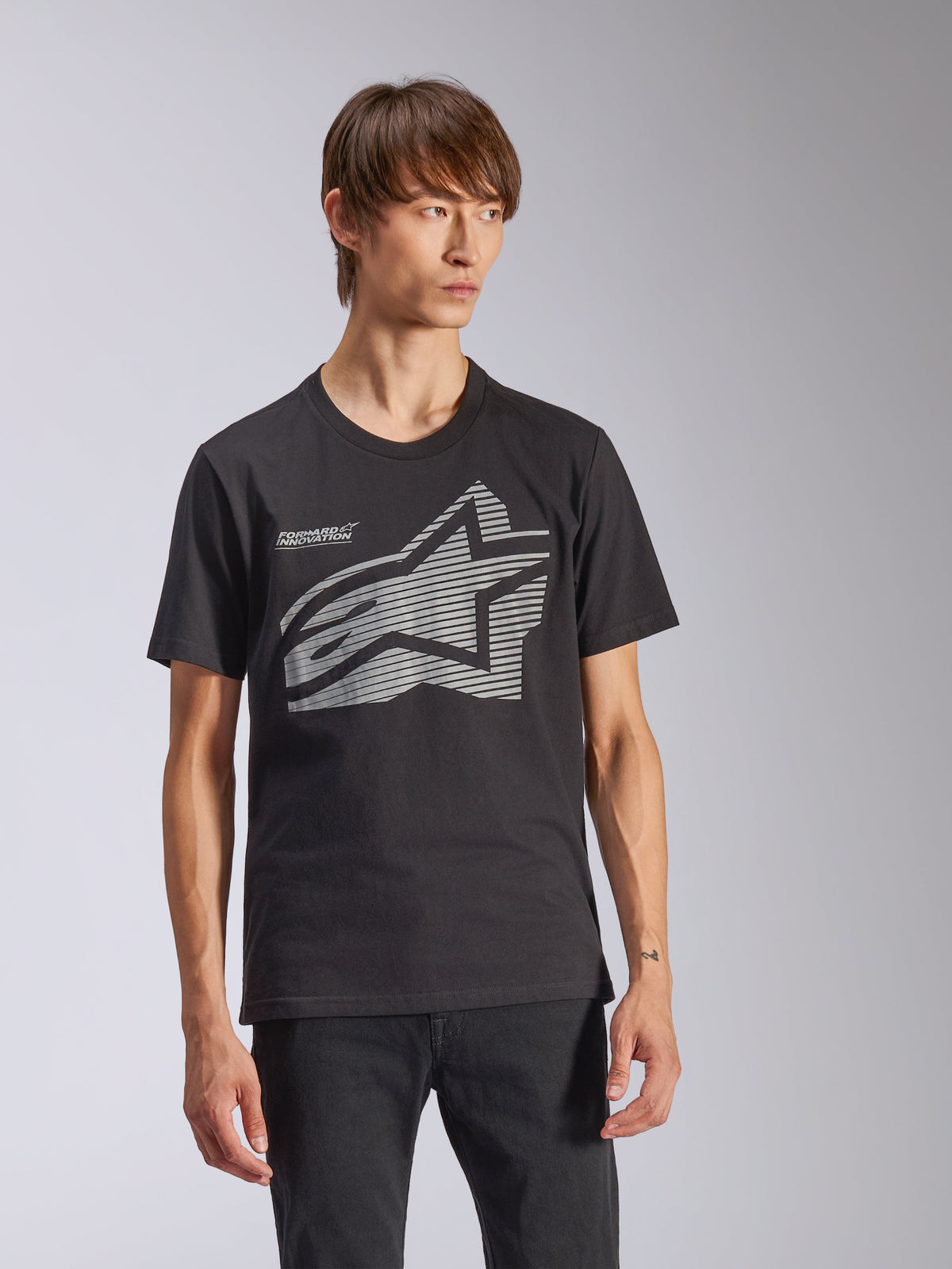 Alpinestars Fasting CSF Tee, Short Sleeve T-Shirt, Black, Large gray geometric striped Astars logo and Forward Innovation text on front, Casual Motorsport Streetwear