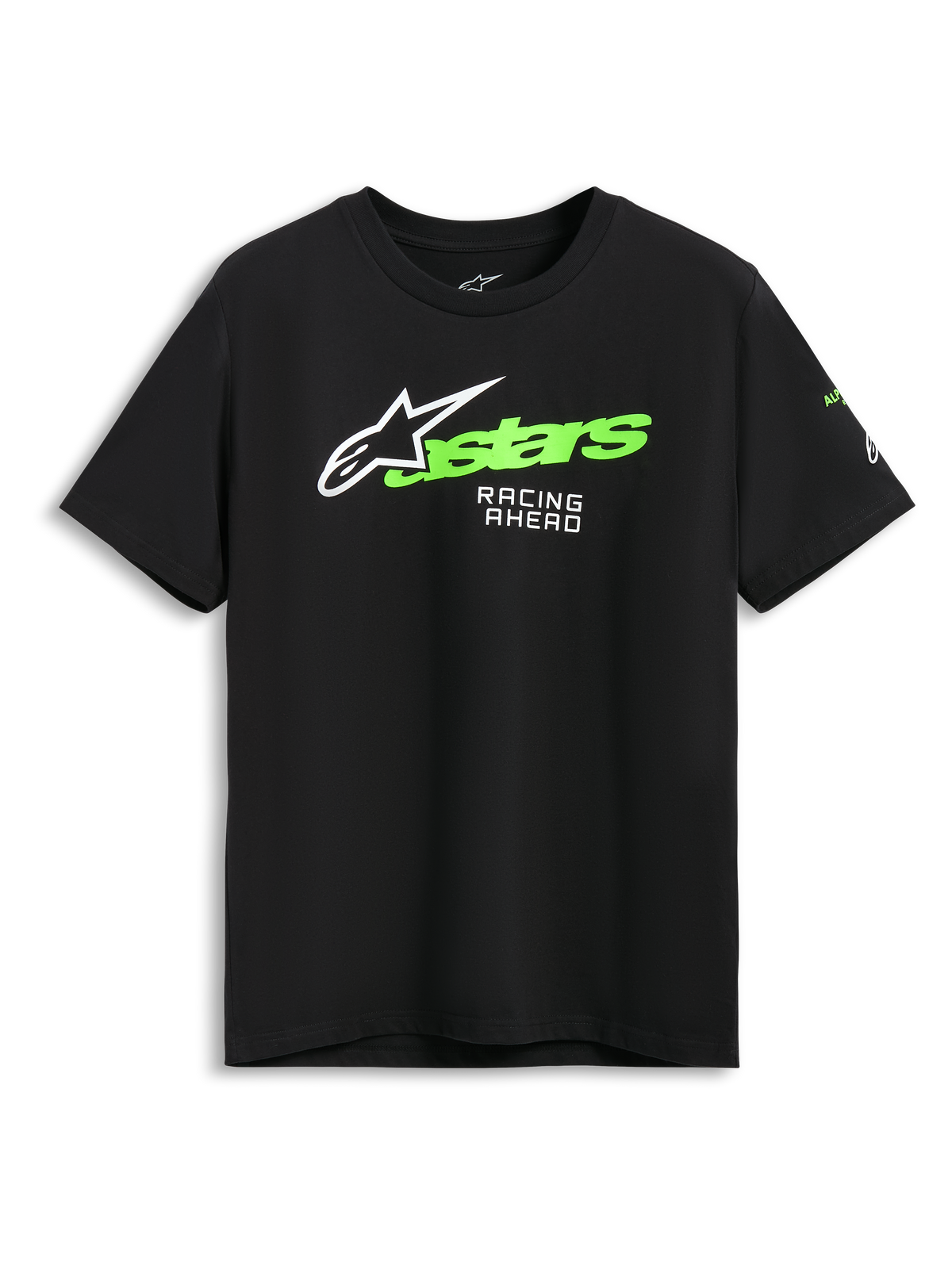 Alpinestars Entitled CSF Tee, Short Sleeve T-Shirt, Black, White Astars Logo with Green Text and Racing Ahead Print, Casual Motorsport Sportswear