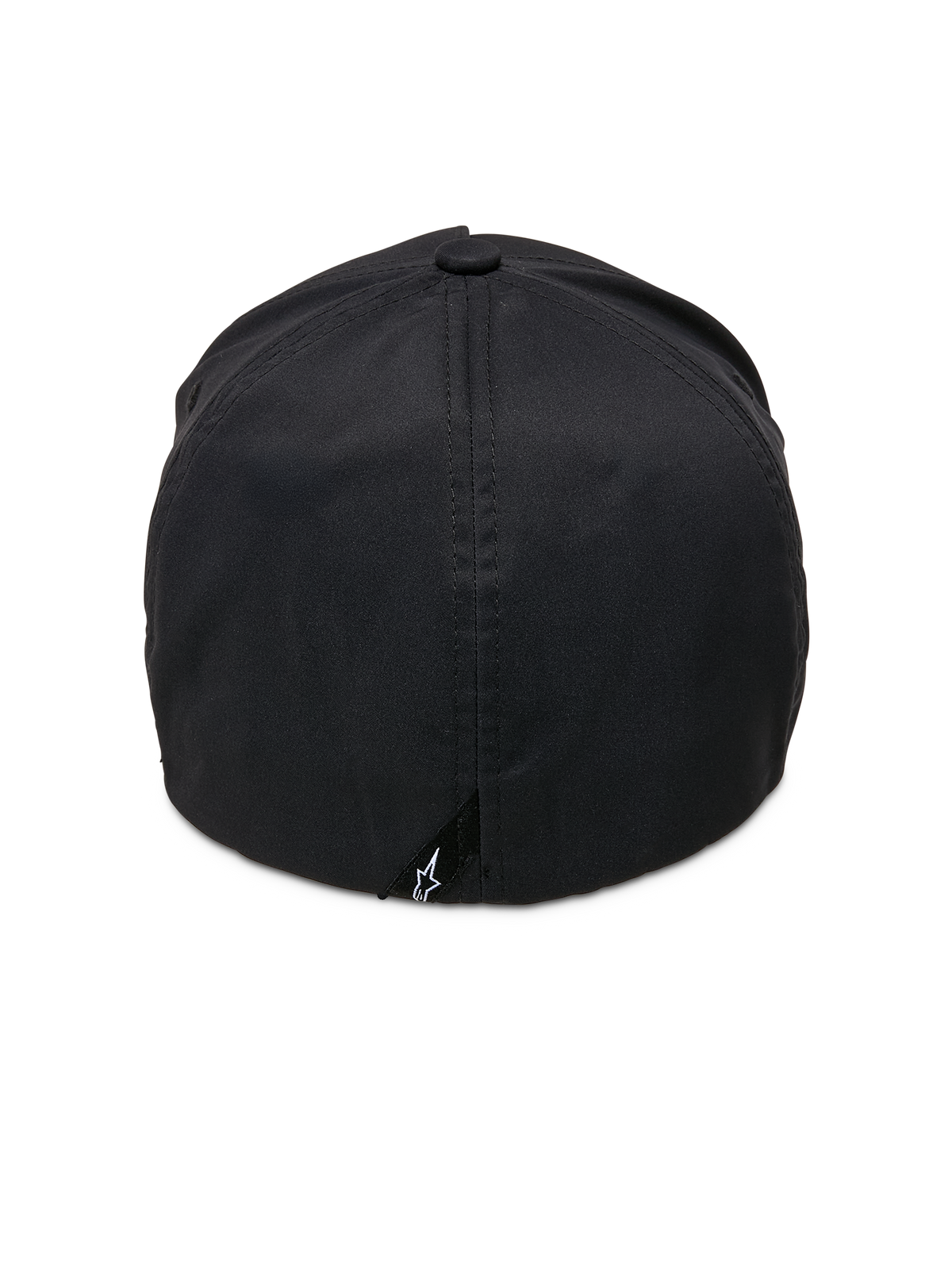 Alpinestars Ageless Reflex Waterproof Hat, Black, Back View, featuring flex-back construction, technical waterproof fabric, and a small black tag with the white Astars logo at the base.