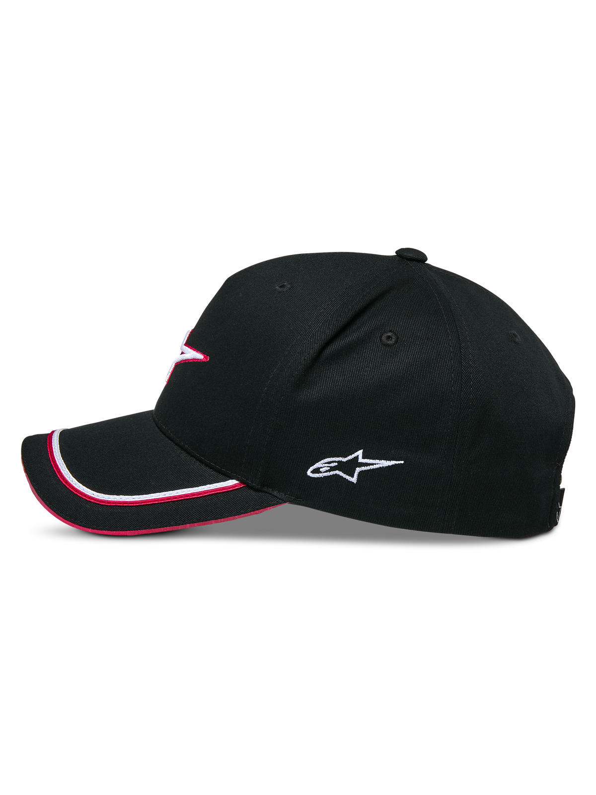 Alpinestars Ascension Snapback Hat, Black and Red, side profile view, curved bill with red and white piping, white embroidered Astars logo, structured crown, casual motorsport headwear