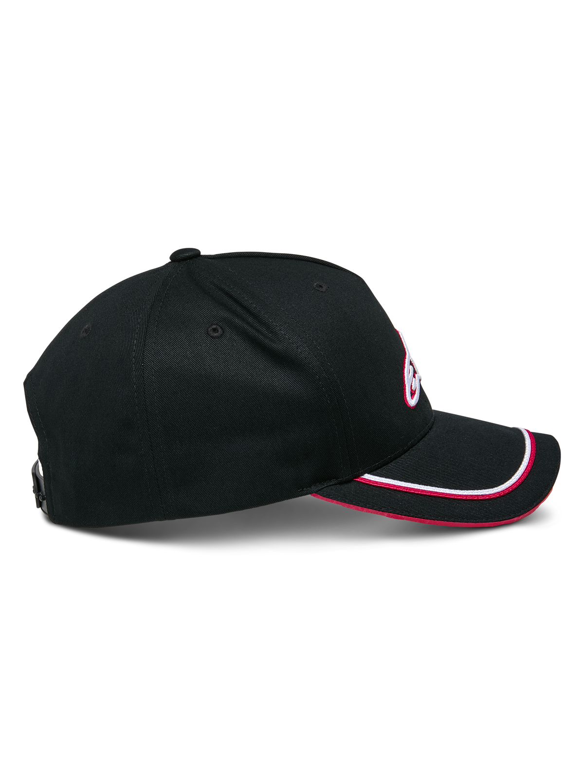 Alpinestars Ascension Snapback Hat, Black and Red, profile view featuring a structured crown and curved bill with double sutache trim, 3D embroidered logo detail, casual motorsport-inspired headwear