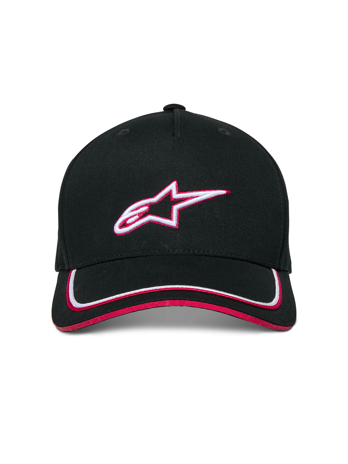 Alpinestars Ascension Snapback Hat, Black and Red, featuring a structured crown with a 3D embroidered Astars logo, curved bill with white and red double sutache trim, casual motorsport streetwear