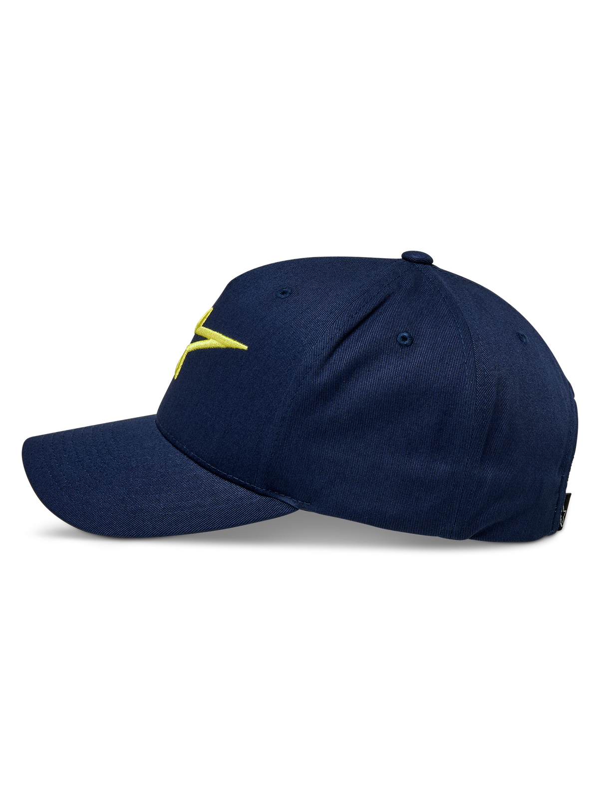 Alpinestars Ageless Snapback Hat, side profile, navy blue with hi-vis yellow embroidered logo, curved bill, structured crown, cotton twill construction, casual sportswear