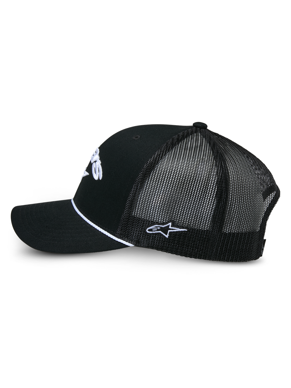 Alpinestars Agree Trucker Hat, Black trucker cap, side view showing black twill front and mesh back, white braided rope detail, white embroidered logos, casual motorsport-inspired headwear
