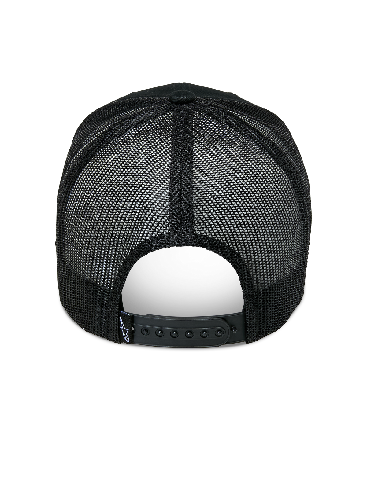Alpinestars Agree Trucker Hat, Rear View, Black, breathable polyester mesh back with adjustable snapback closure and small white logo label, casual motorsport-inspired headwear