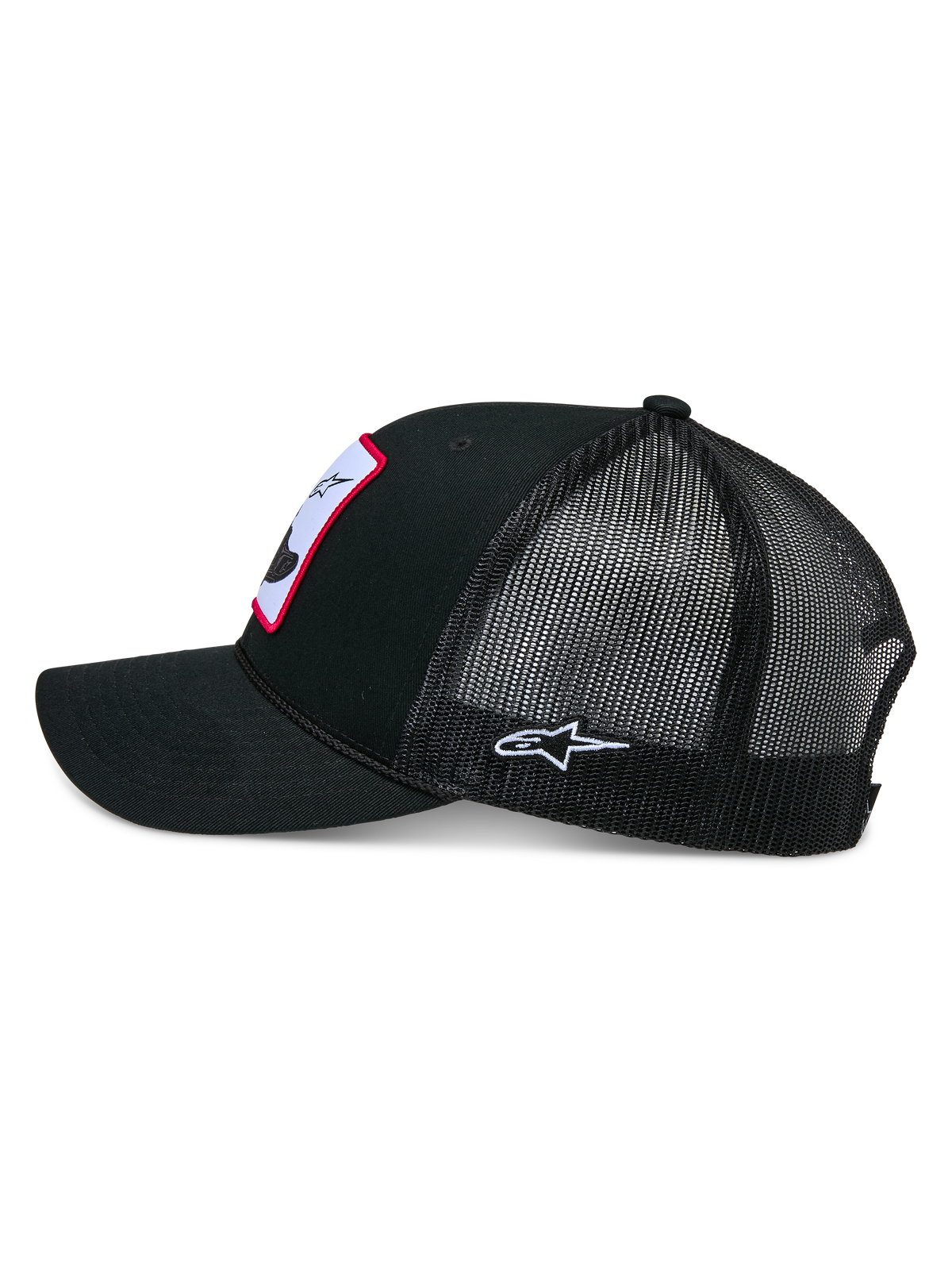 Alpinestars Booted Trucker Hat, Trucker Cap, Black, side profile showing mesh back and curved bill, braided rope trim, embroidered side logo, casual motorsport headwear