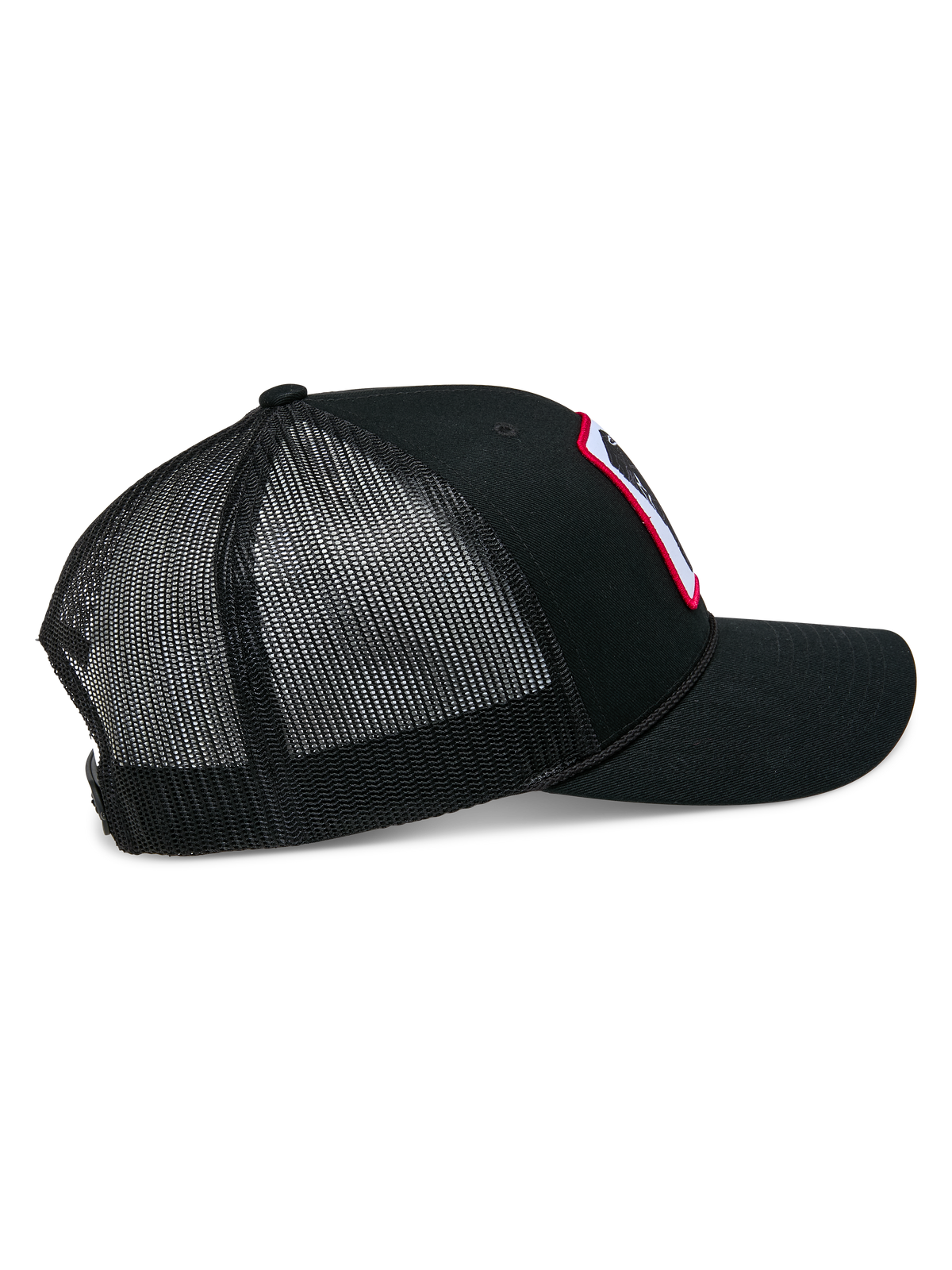 Alpinestars Booted Trucker Hat, black mesh-back snapback cap, side view highlighting the breathable poly mesh, braided rope trim, and curved bill, casual motorsport headwear