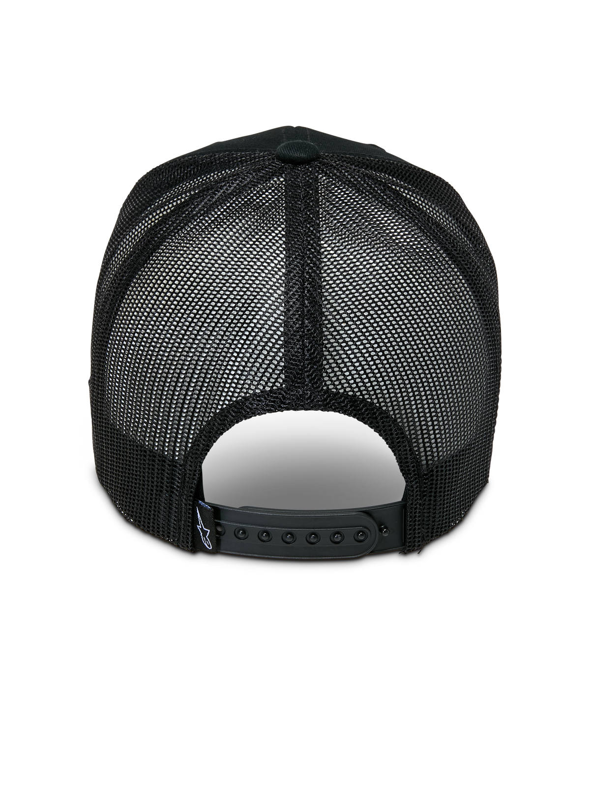 Alpinestars Booted Trucker Hat, rear view, black poly mesh back for ventilation, adjustable snapback closure with small logo detail, casual motorsport-inspired headwear