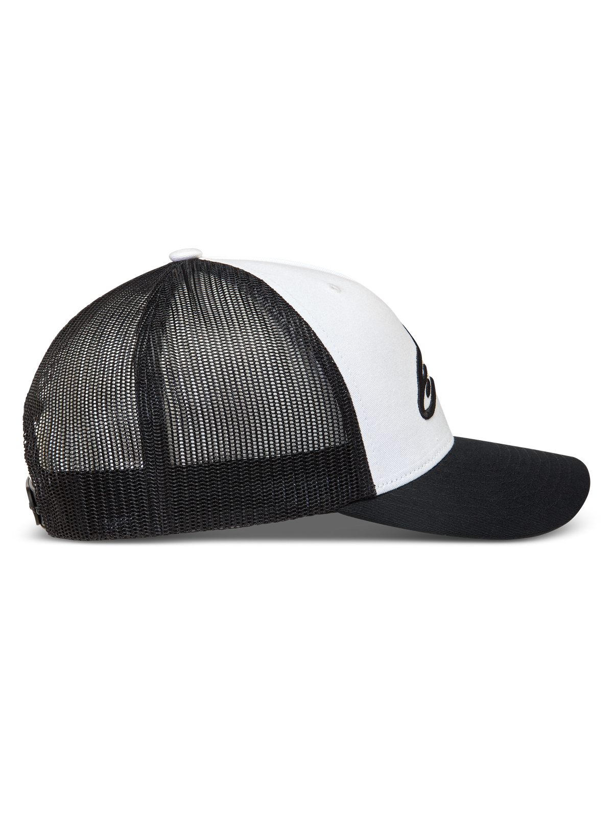 Alpinestars Ageless Snapback Hat, sportswear trucker cap in Black and White with mesh back and curved bill.