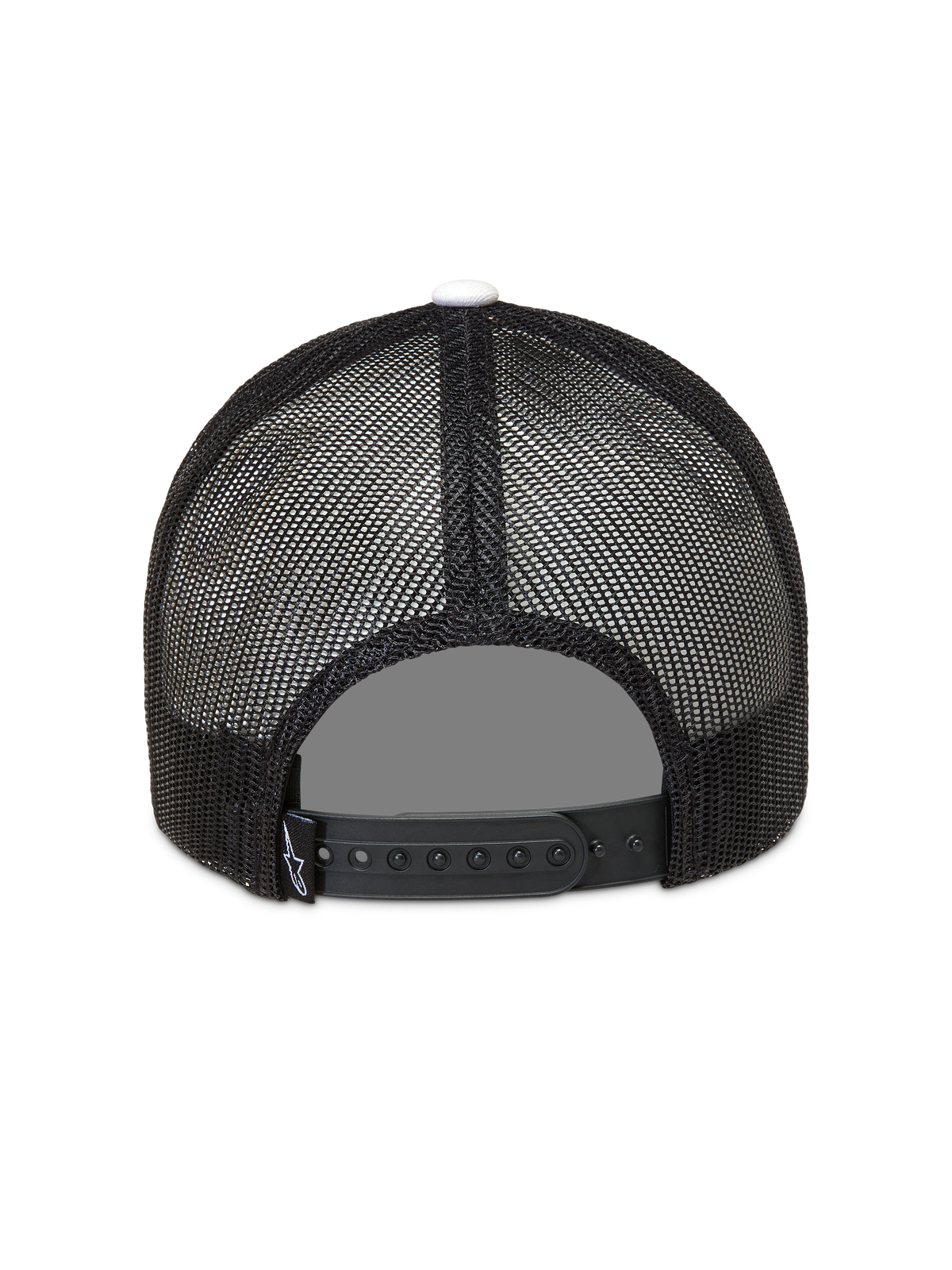 Alpinestars Ageless Snapback Hat, black trucker style mesh back with adjustable snap closure and white top button.