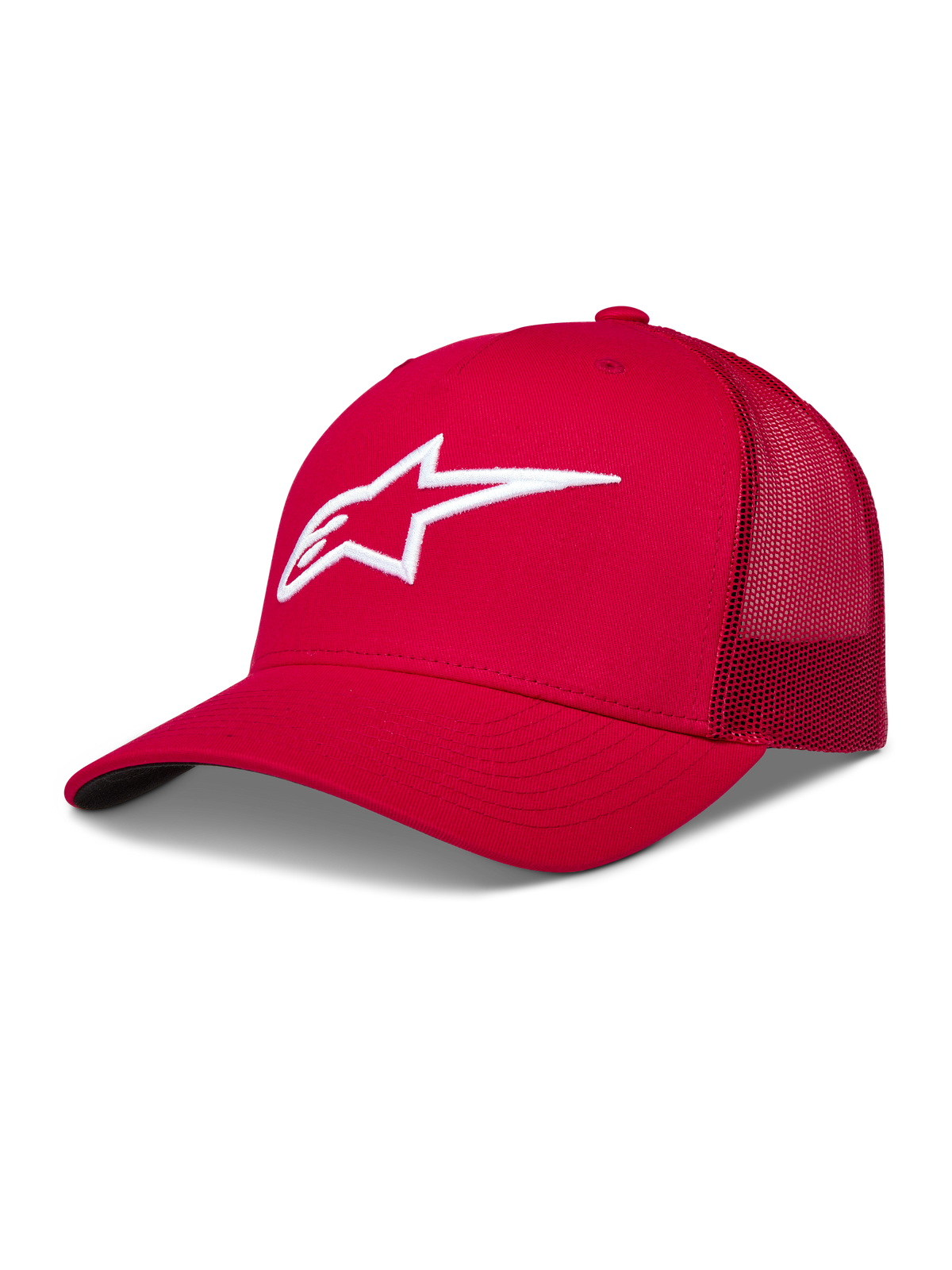Alpinestars Ageless Snapback Hat, Red and White Sportswear Trucker Cap, features 3D embroidered logo and curved bill.